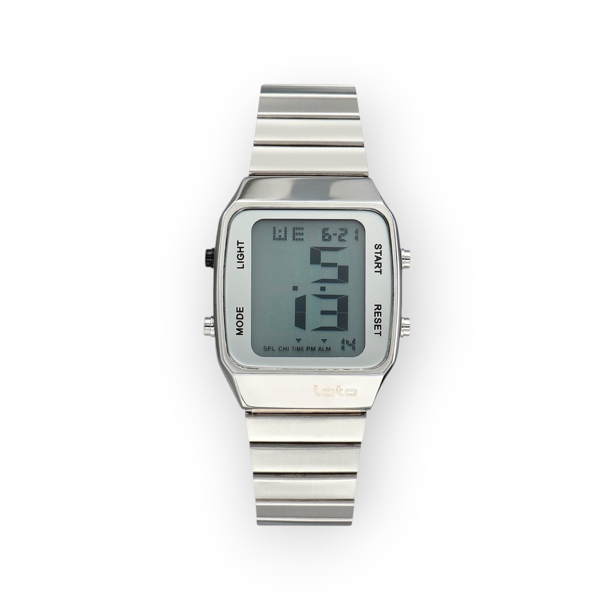 Reloj digital LOTO COMPANY POLARIS / 2541 plateado con caja cuadrada y correa de eslabones, pantalla LCD retro.