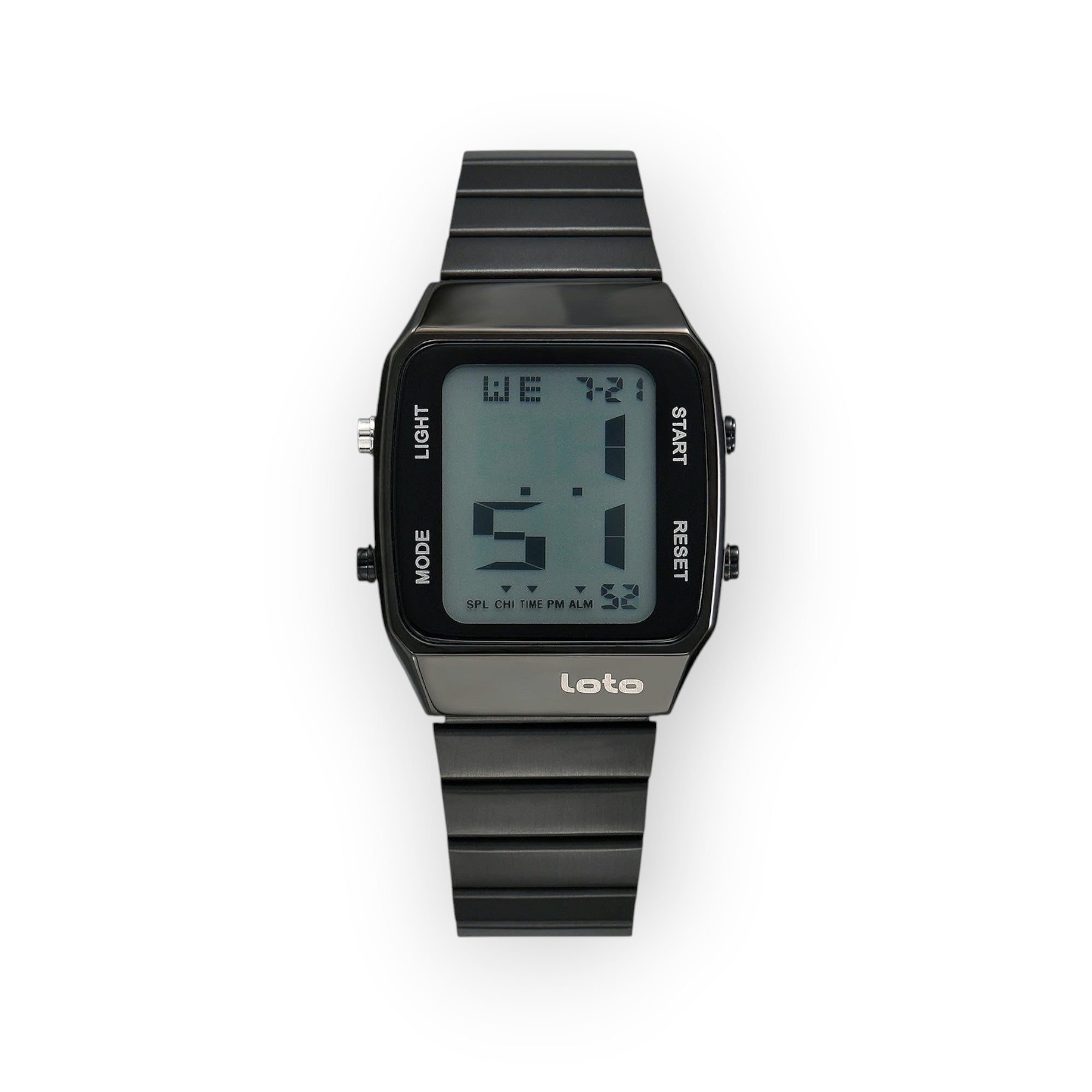 Reloj digital LOTO COMPANY POLARIS / 2541 negro con caja cuadrada y correa de eslabones, pantalla LCD retro.