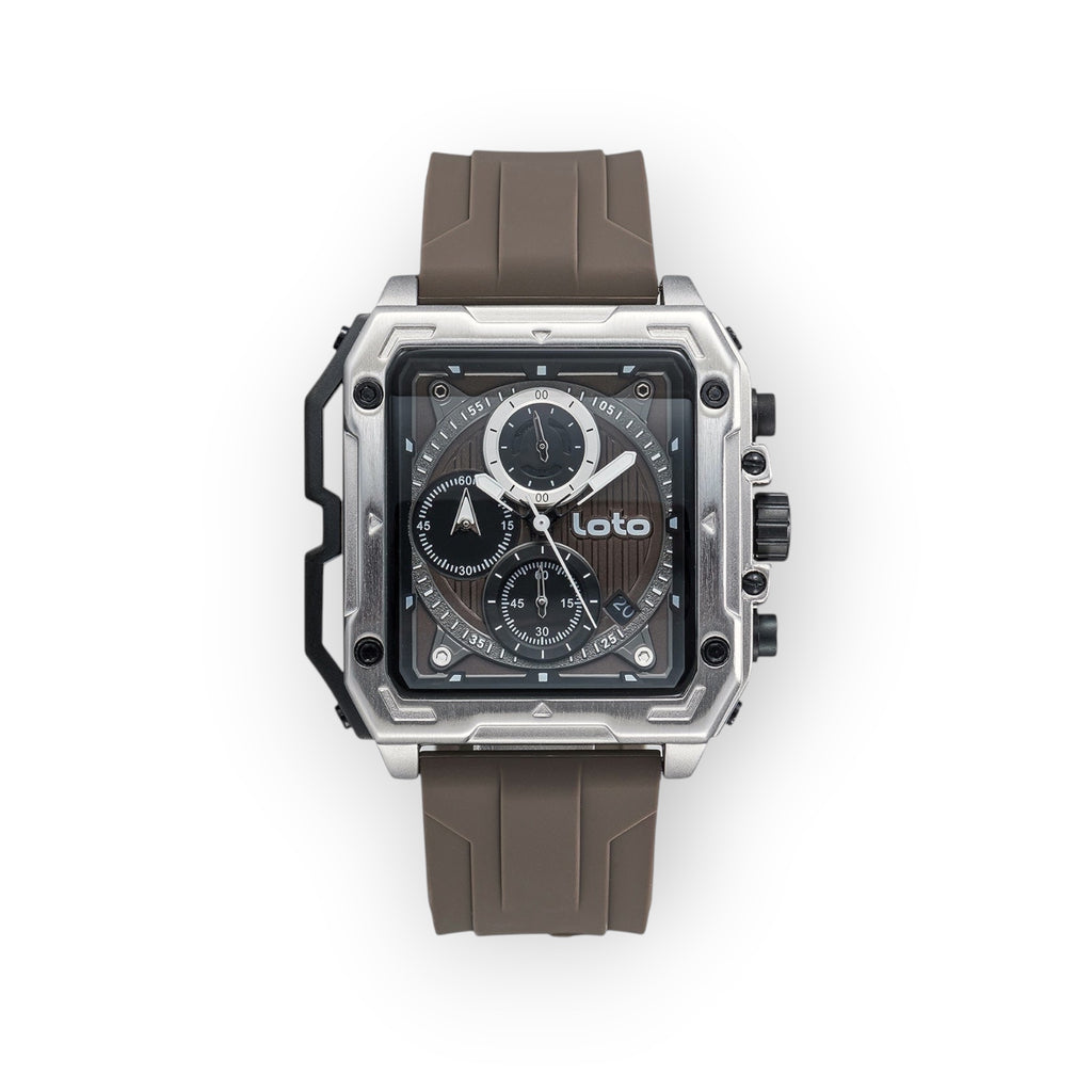 Reloj LOTO COMPANY RACER / 2533 cuadrado de acero inoxidable con esfera multifunción marrón y correa de silicona marrón.