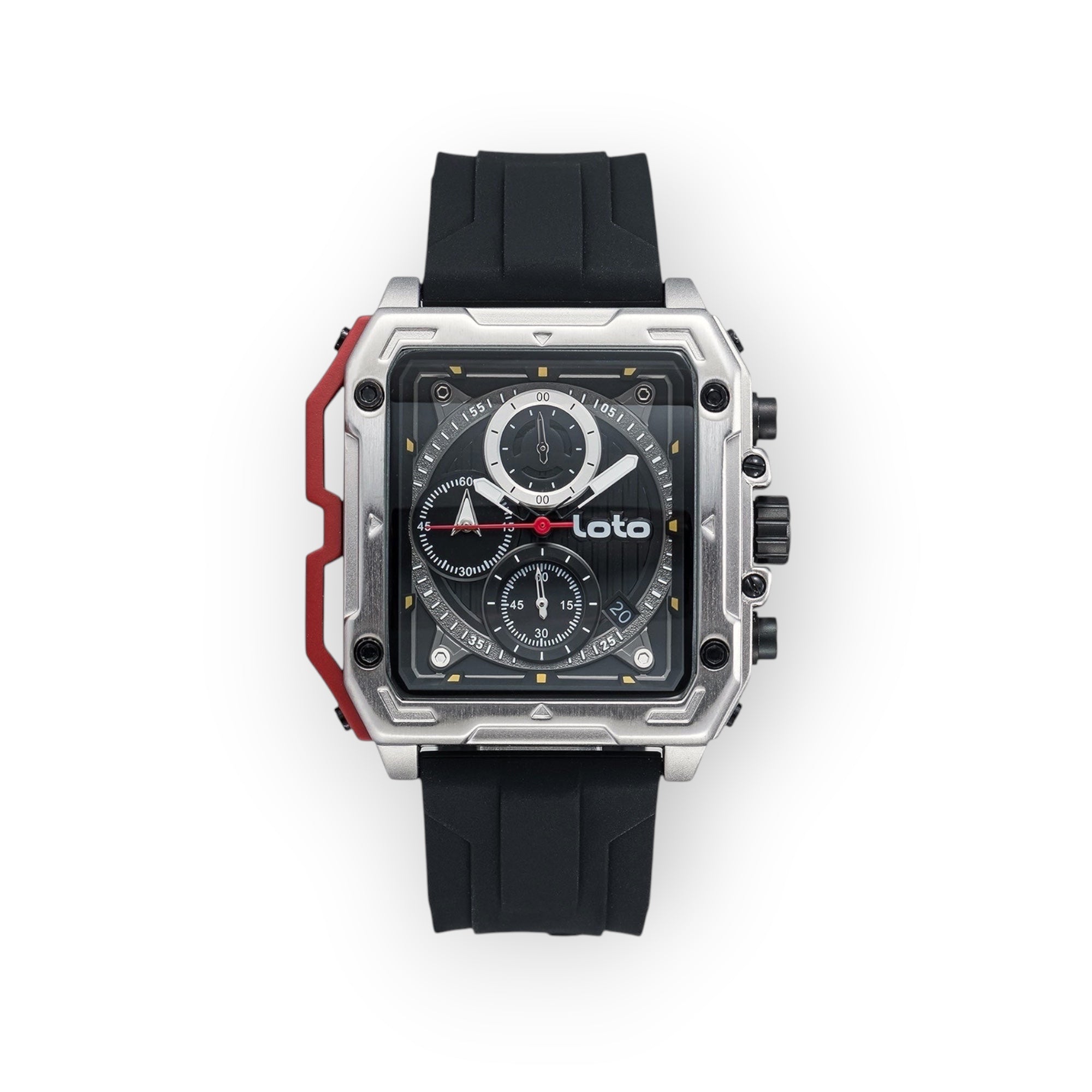 Reloj LOTO COMPANY RACER / 2533 cuadrado de acero inoxidable con esfera multifunción negra y correa de silicona negra.