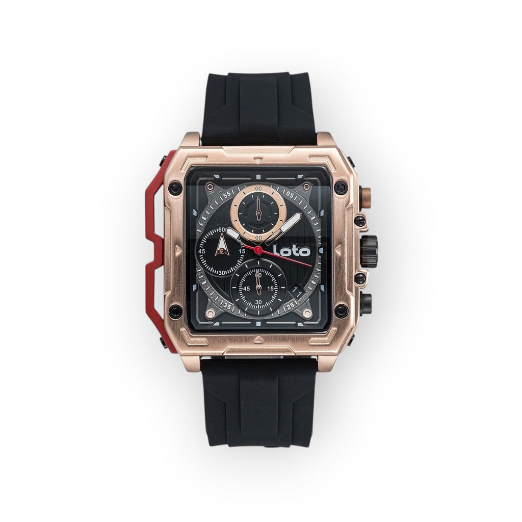 Reloj LOTO COMPANY RACER / 2533 cuadrado con esfera negra multifunción, caja de acero inoxidable y correa de silicona negra.