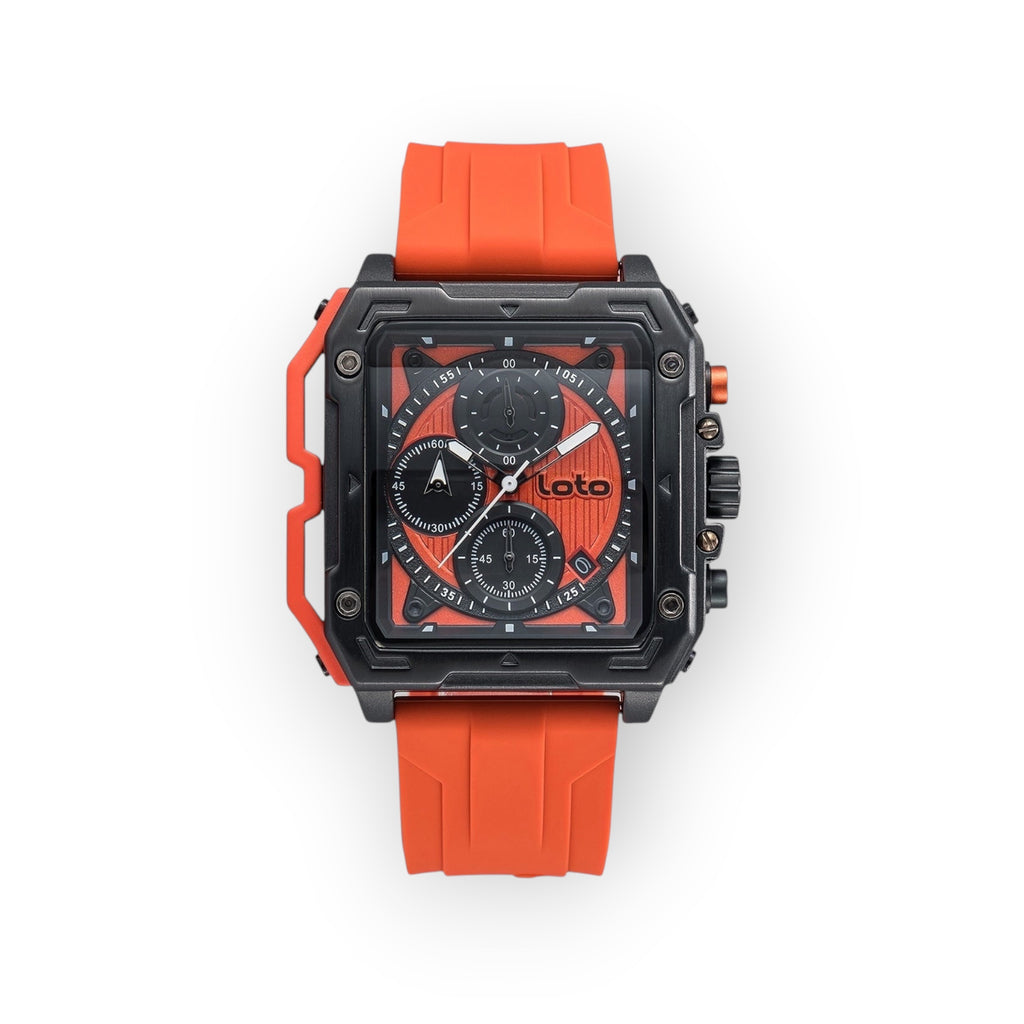 Reloj LOTO COMPANY RACER / 2533 cuadrado con esfera multifunción naranja y negra, correa de silicona naranja.