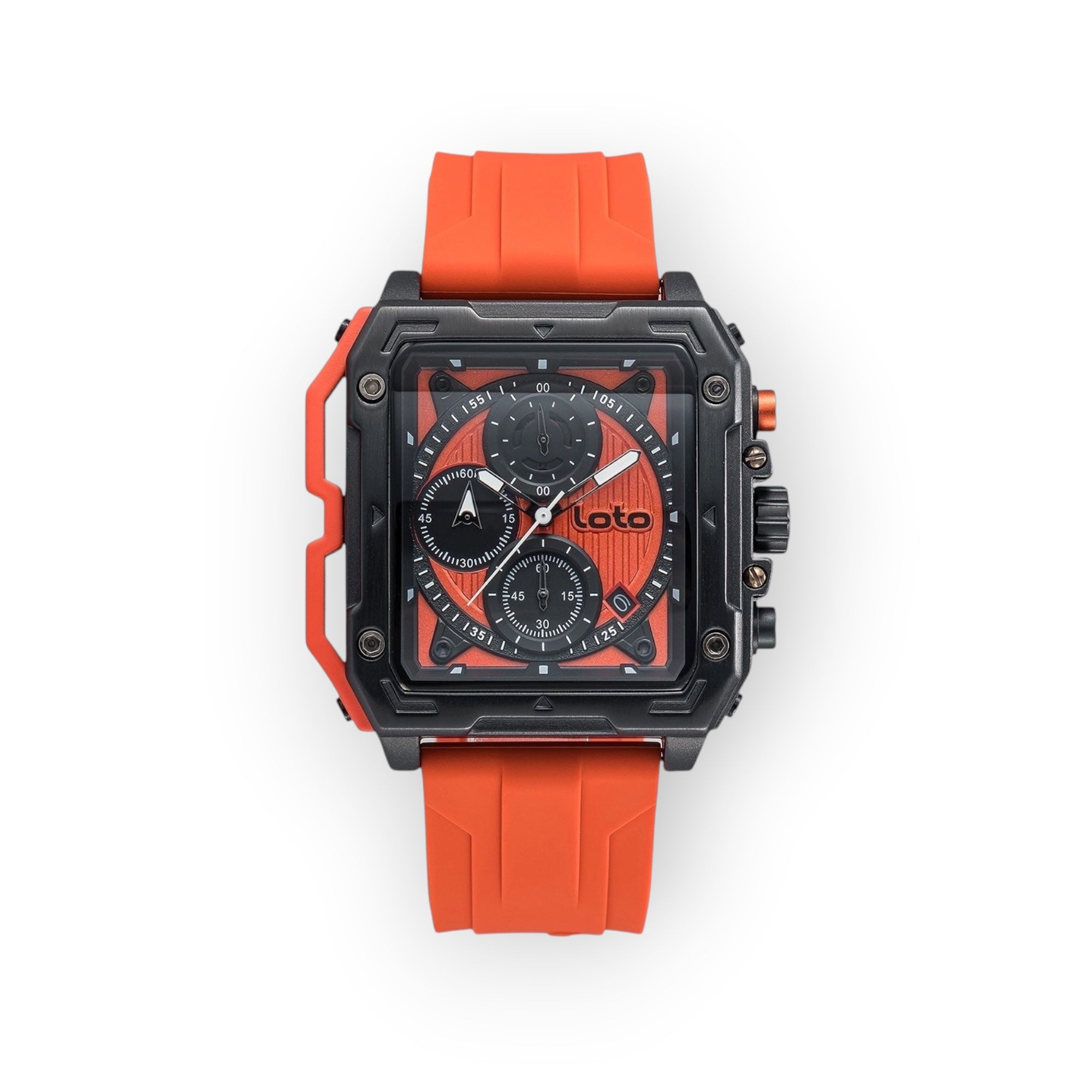Reloj LOTO COMPANY RACER / 2533 cuadrado con esfera multifunción naranja y negra, correa de silicona naranja.