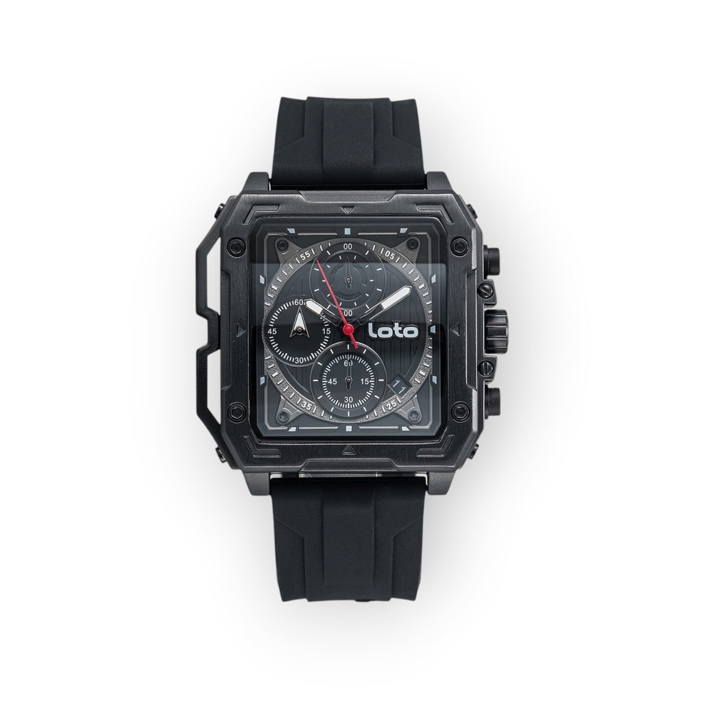 Reloj LOTO COMPANY RACER / 2533 cuadrado de acero inoxidable con esfera multifunción negra y correa de silicona negra.