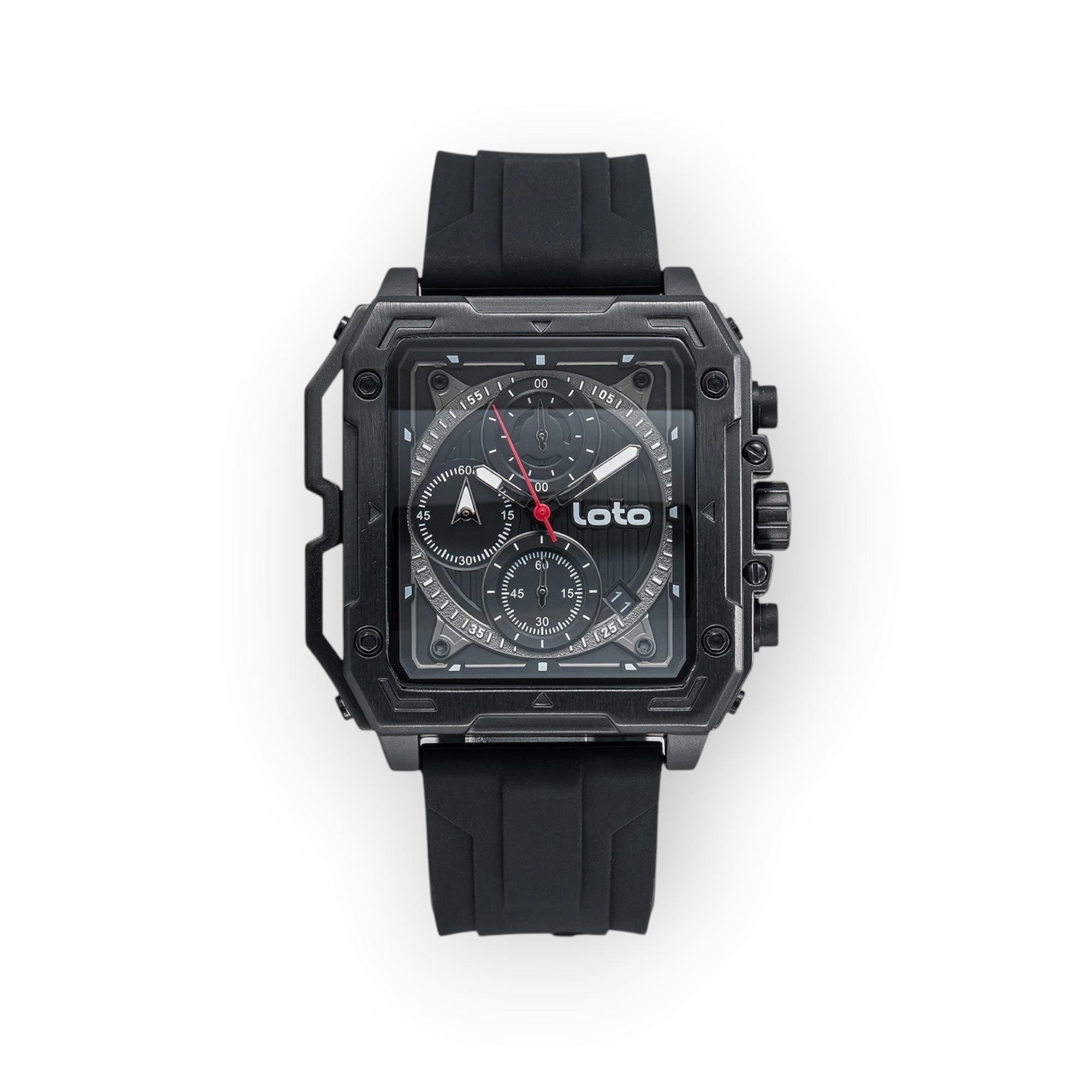 Reloj LOTO COMPANY RACER / 2533 cuadrado de acero inoxidable con esfera multifunción negra y correa de silicona negra.
