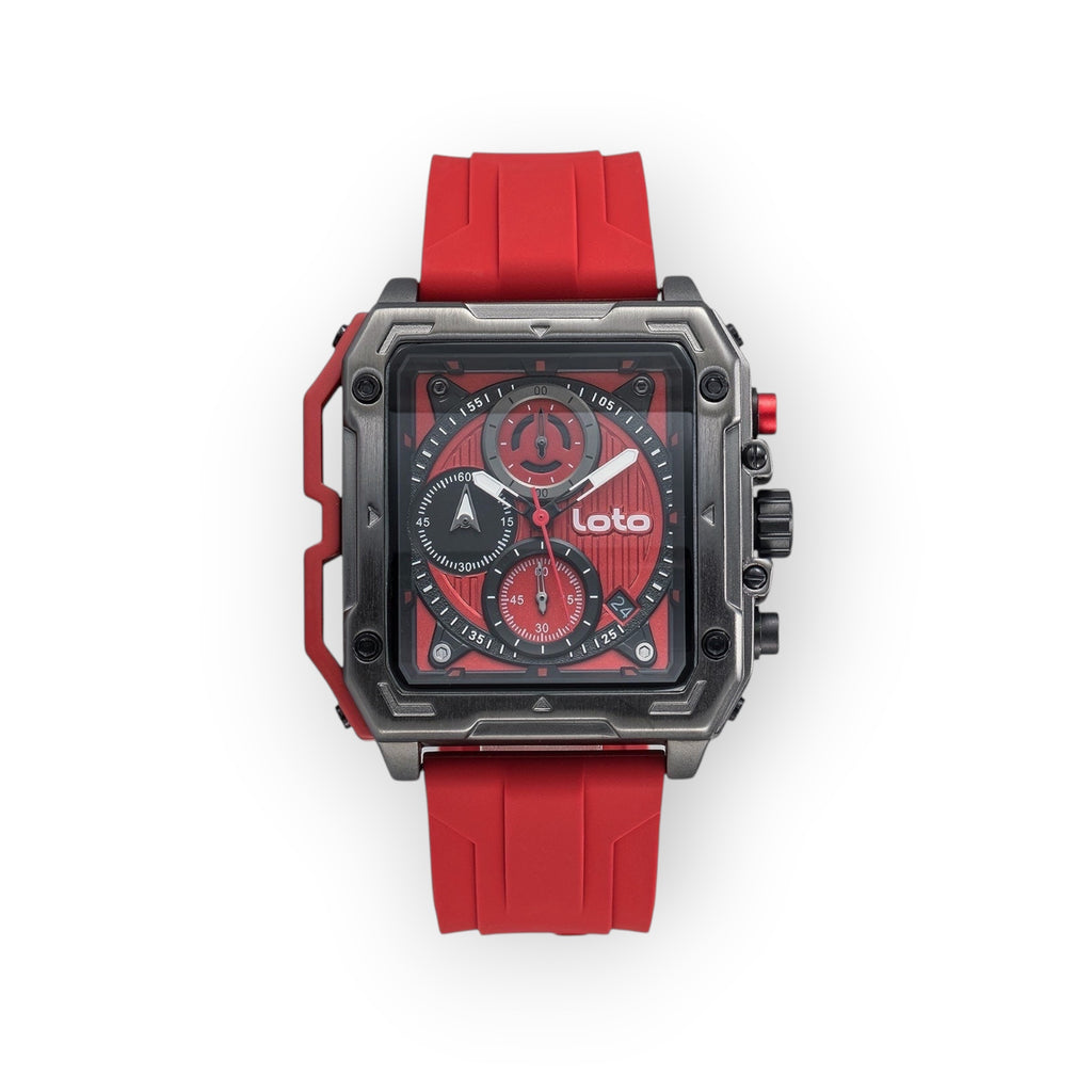 Reloj LOTO COMPANY RACER / 2533 cuadrado con esfera multifunción roja, detalles en negro y correa de silicona roja.
