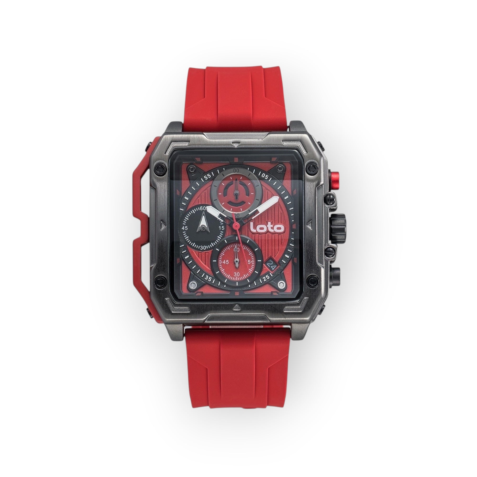 Reloj LOTO COMPANY RACER / 2533 cuadrado con esfera multifunción roja, detalles en negro y correa de silicona roja.