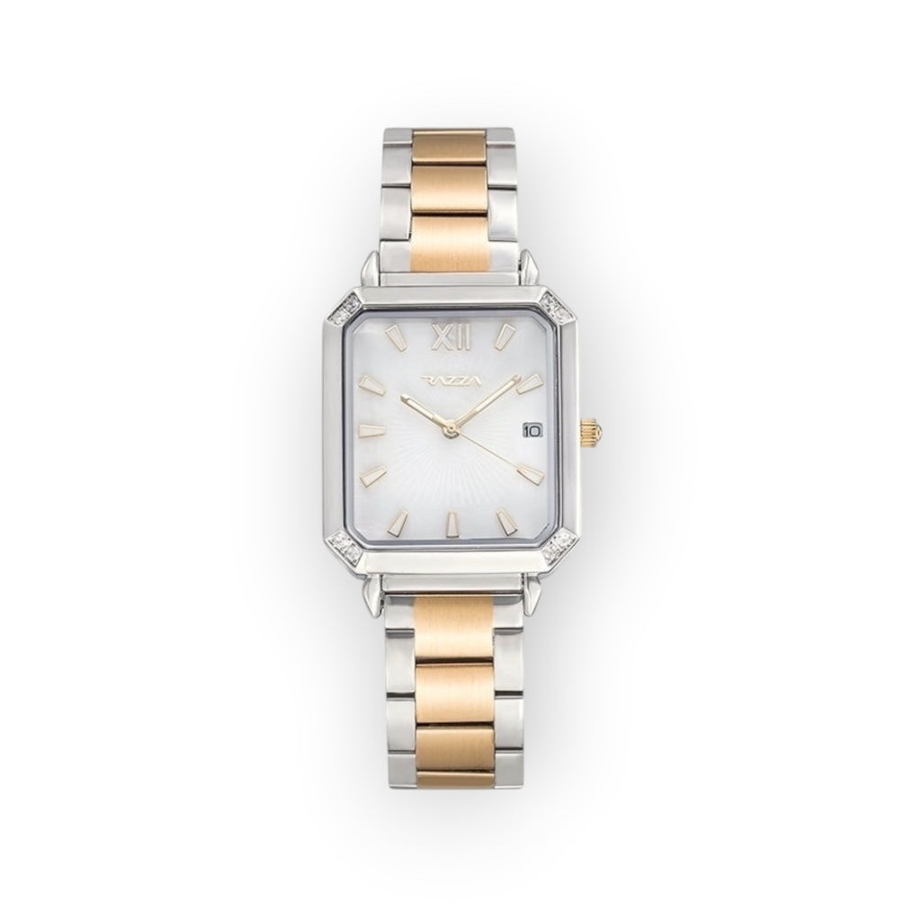 Reloj de pulsera LOTO COMPANY ORLA rectangular bicolor con esfera plateada, calendario y detalles brillantes.