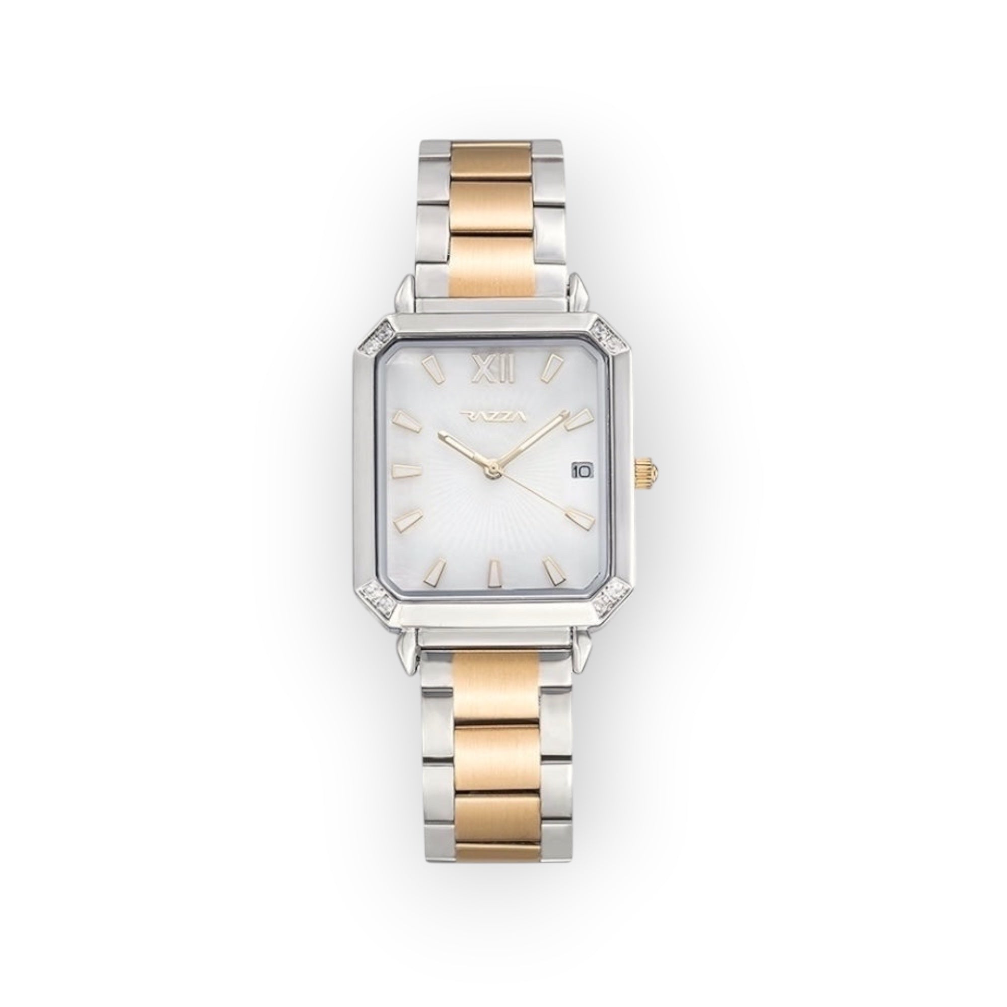 Reloj de pulsera LOTO COMPANY ORLA rectangular bicolor con esfera plateada, calendario y detalles brillantes.