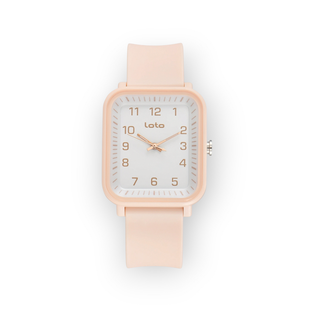 Reloj LOTO COMPANY Orvanex 2603 con caja rectangular, esfera blanca, números claros y correa de silicona rosa pastel