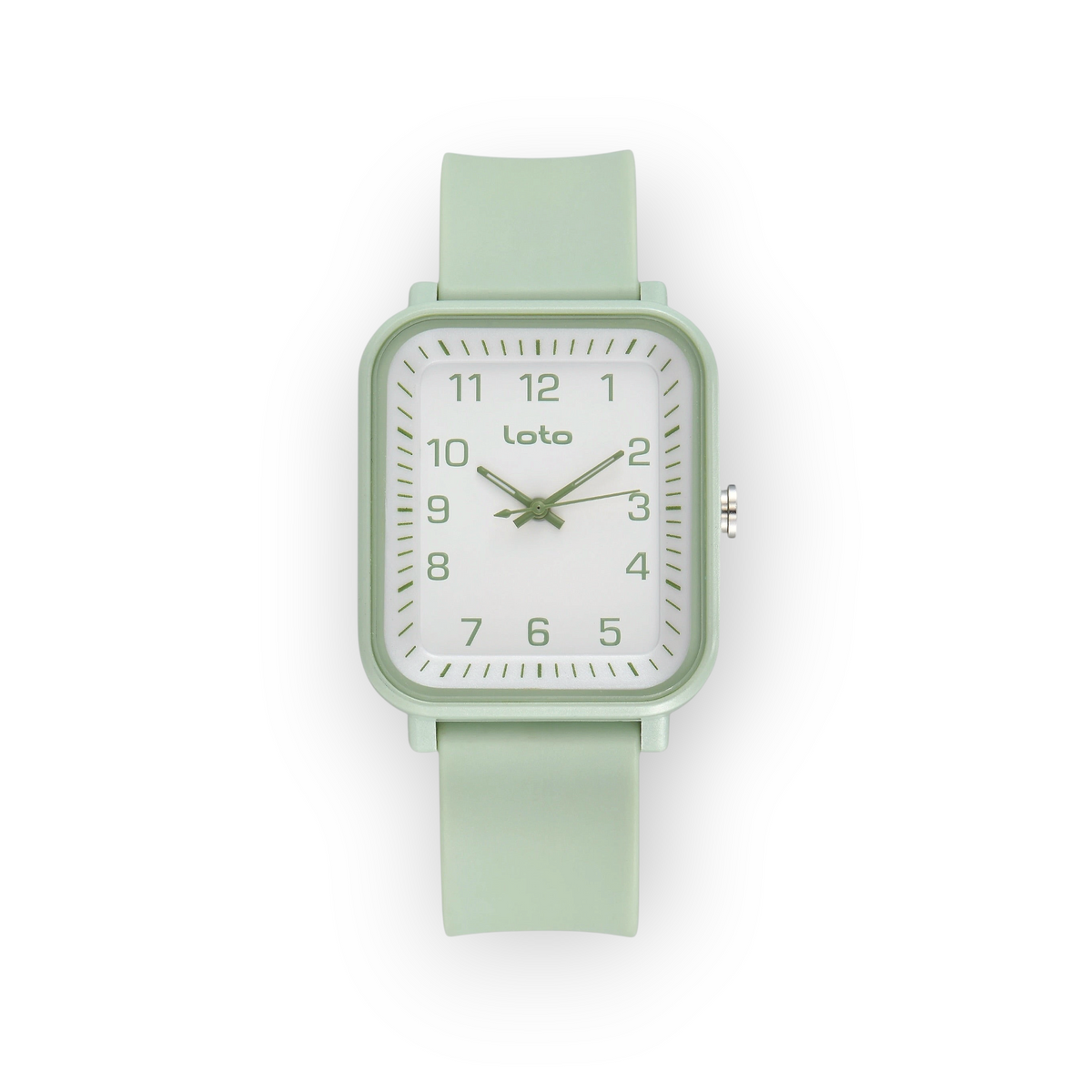 Reloj LOTO COMPANY Orvanex 2603 con caja rectangular verde menta, esfera blanca y correa de silicona a juego.