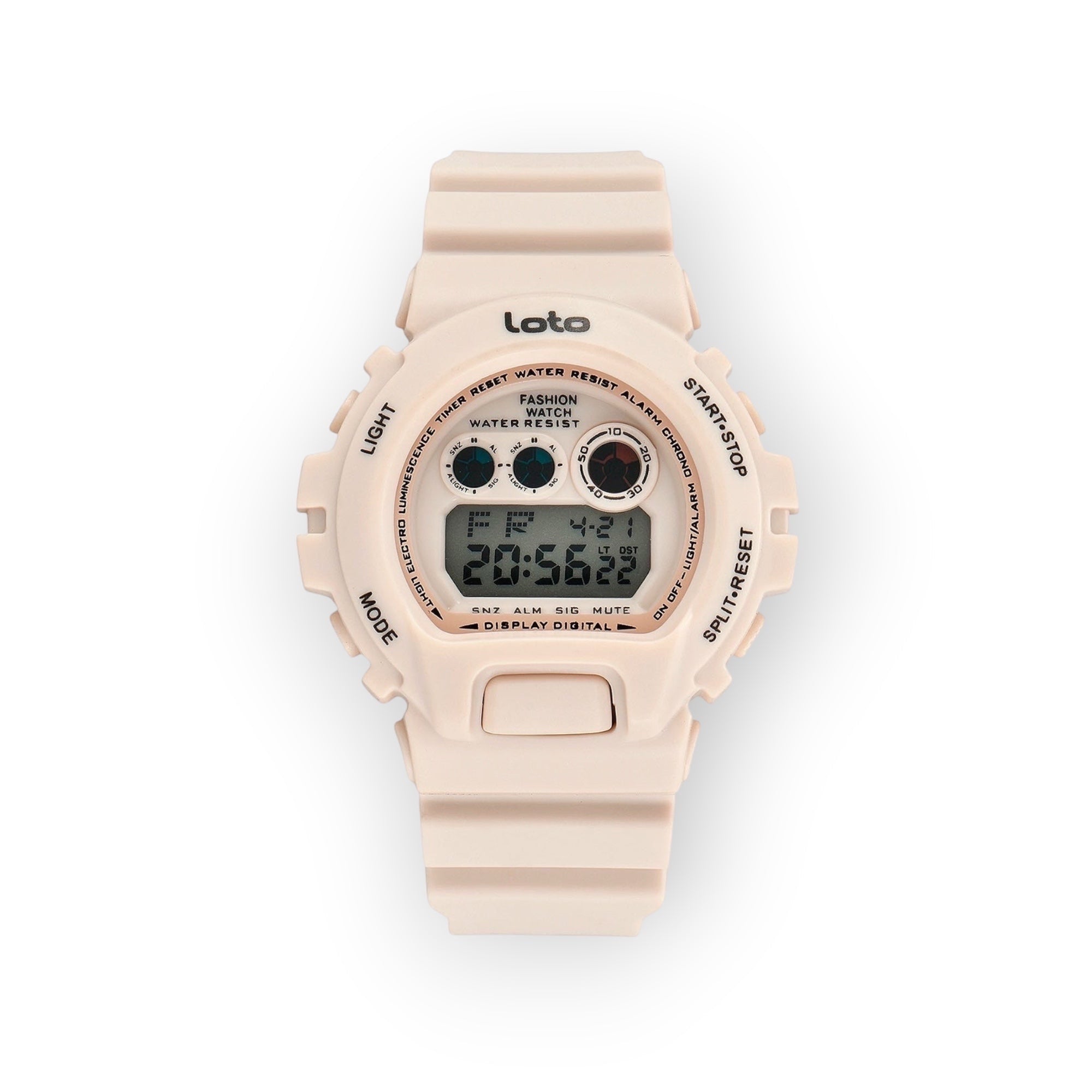 Reloj digital LOTO COMPANY de resina rosa con pantalla LCD, funciones de hora, fecha y alarma. Estilo retro-moderno.