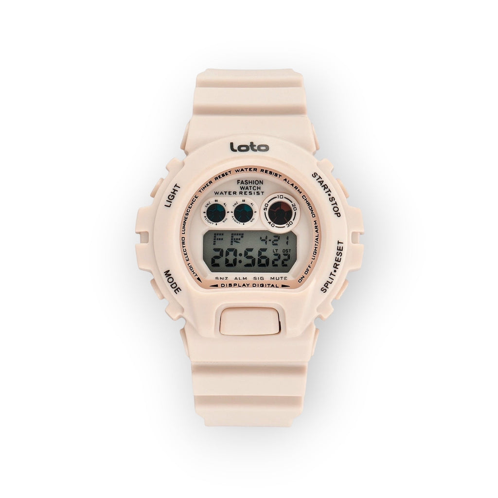 Reloj digital LOTO COMPANY de resina rosa con pantalla LCD, funciones de hora, fecha y alarma. Estilo retro-moderno.