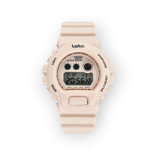 Reloj digital LOTO COMPANY de resina rosa con pantalla LCD, funciones de hora, fecha y alarma. Estilo retro-moderno.