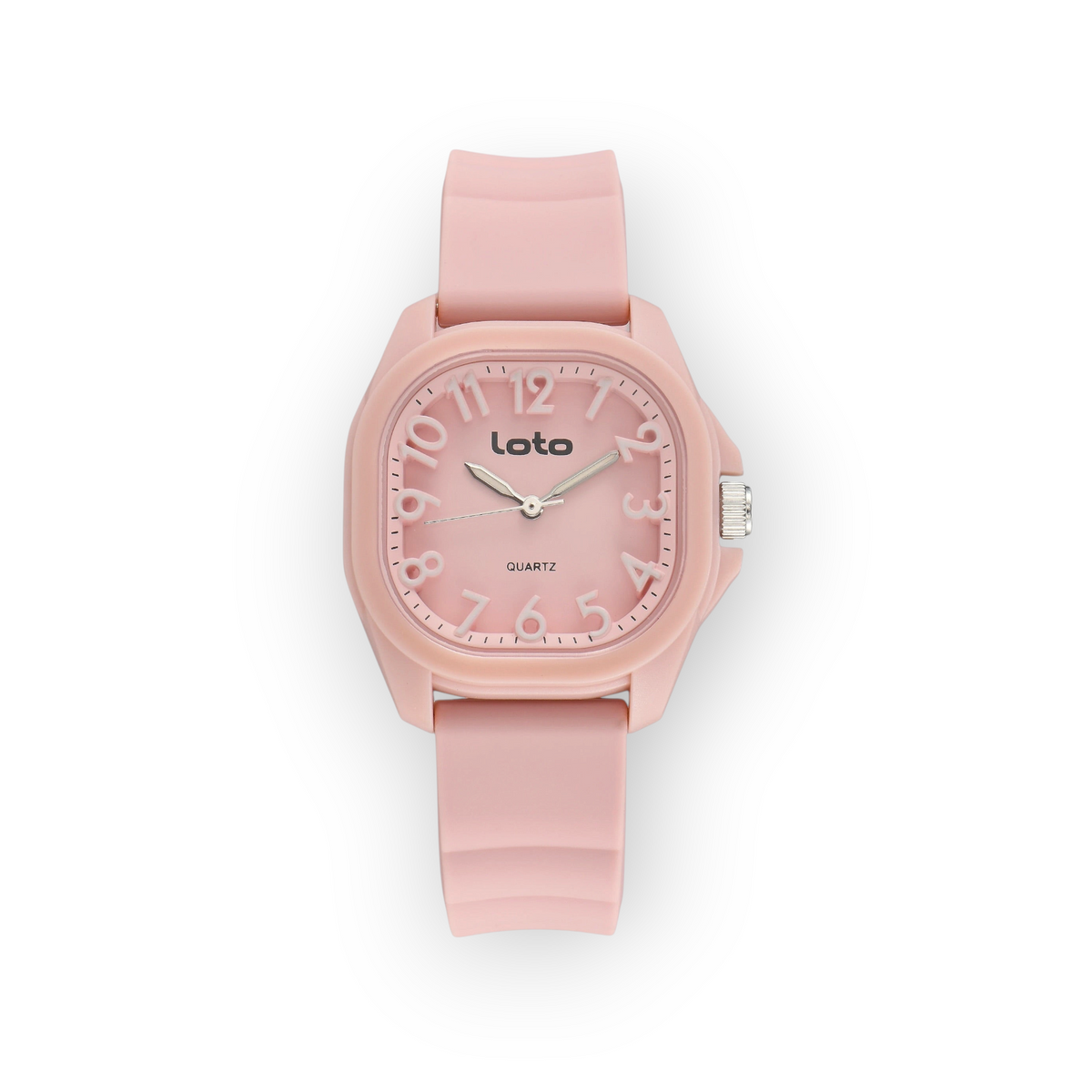 Reloj de cuarzo LOTO COMPANY modelo VELQARO 2599 con caja y correa de silicona en color rosa pastel
