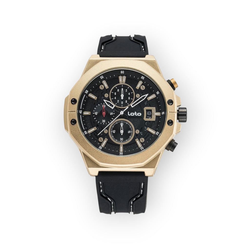 Reloj LOTO COMPANY ROYAL / 2425 con caja dorada y correa de silicona negra. Esfera negra con cronógrafo y detalles luminiscentes.