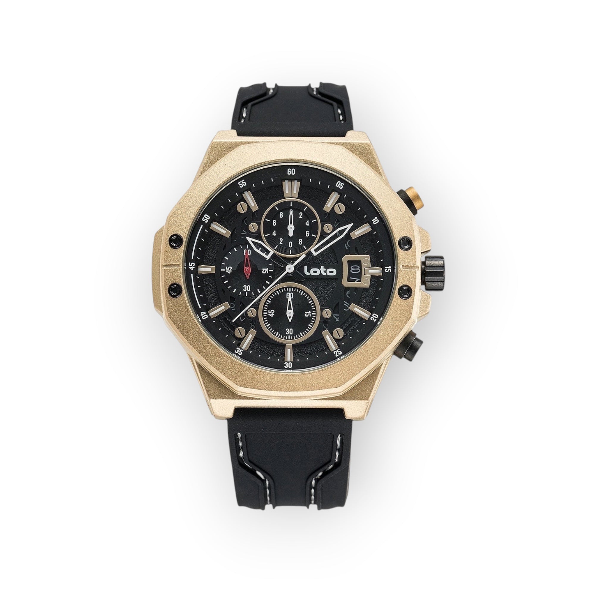 Reloj LOTO COMPANY ROYAL / 2425 con caja dorada y correa de silicona negra. Esfera negra con cronógrafo y detalles luminiscentes.