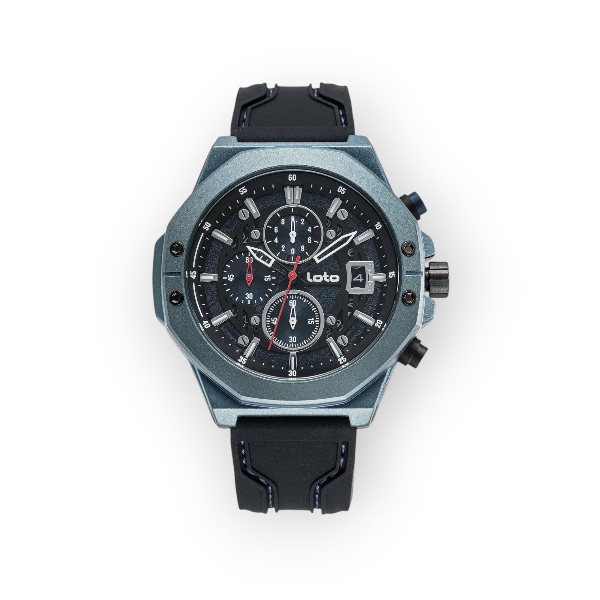 Reloj LOTO COMPANY ROYAL / 2425 gris acero inoxidable con cronógrafo y correa de silicona negra.