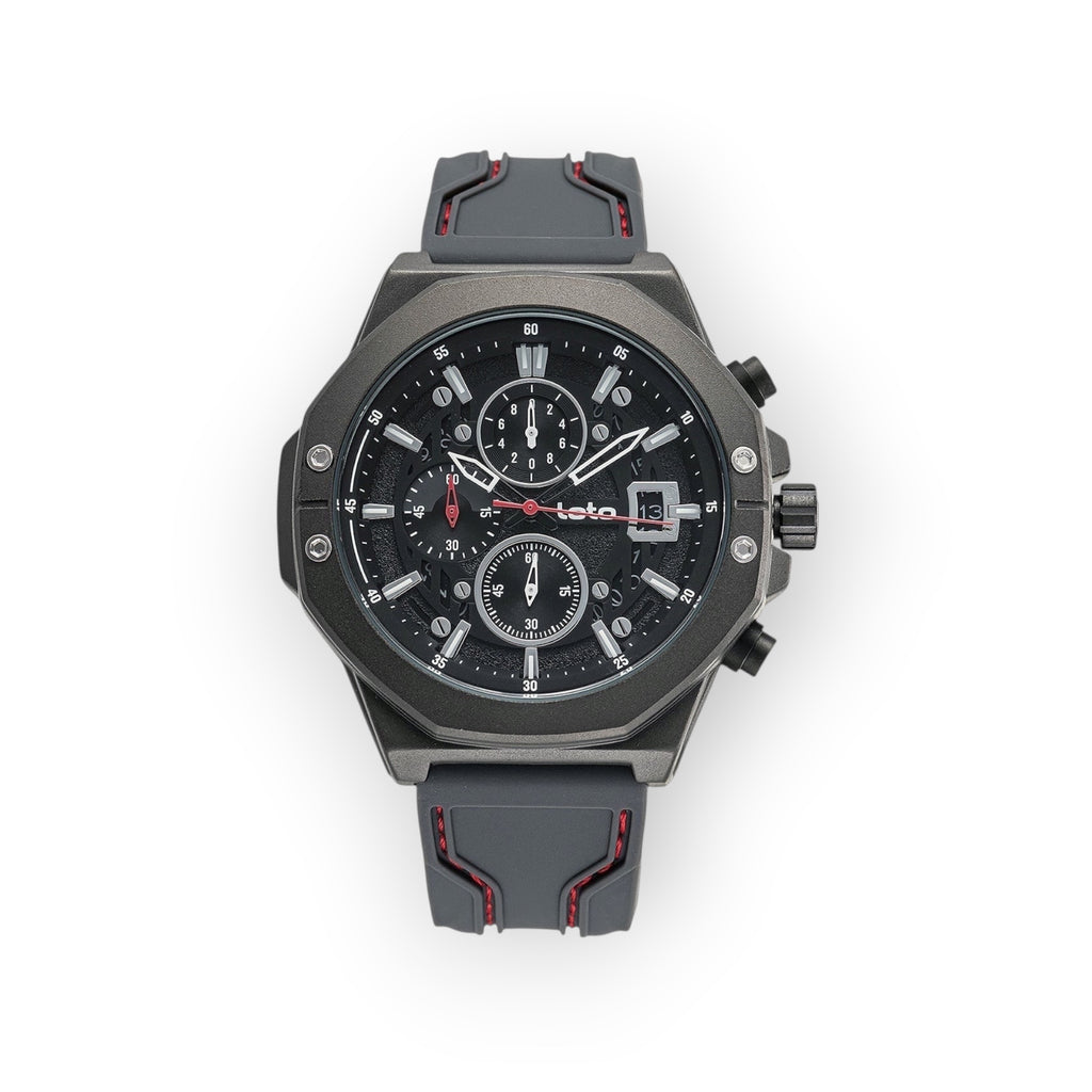 Reloj LOTO COMPANY ROYAL / 2425 gris oscuro con esfera negra, cronógrafo y correa de silicona gris con detalles rojos.
