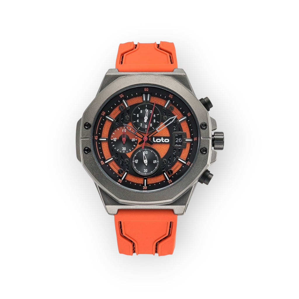 Reloj LOTO COMPANY ROYAL / 2425 con caja de acero gris, esfera negra y naranja, y correa de silicona naranja. Cronógrafo.
