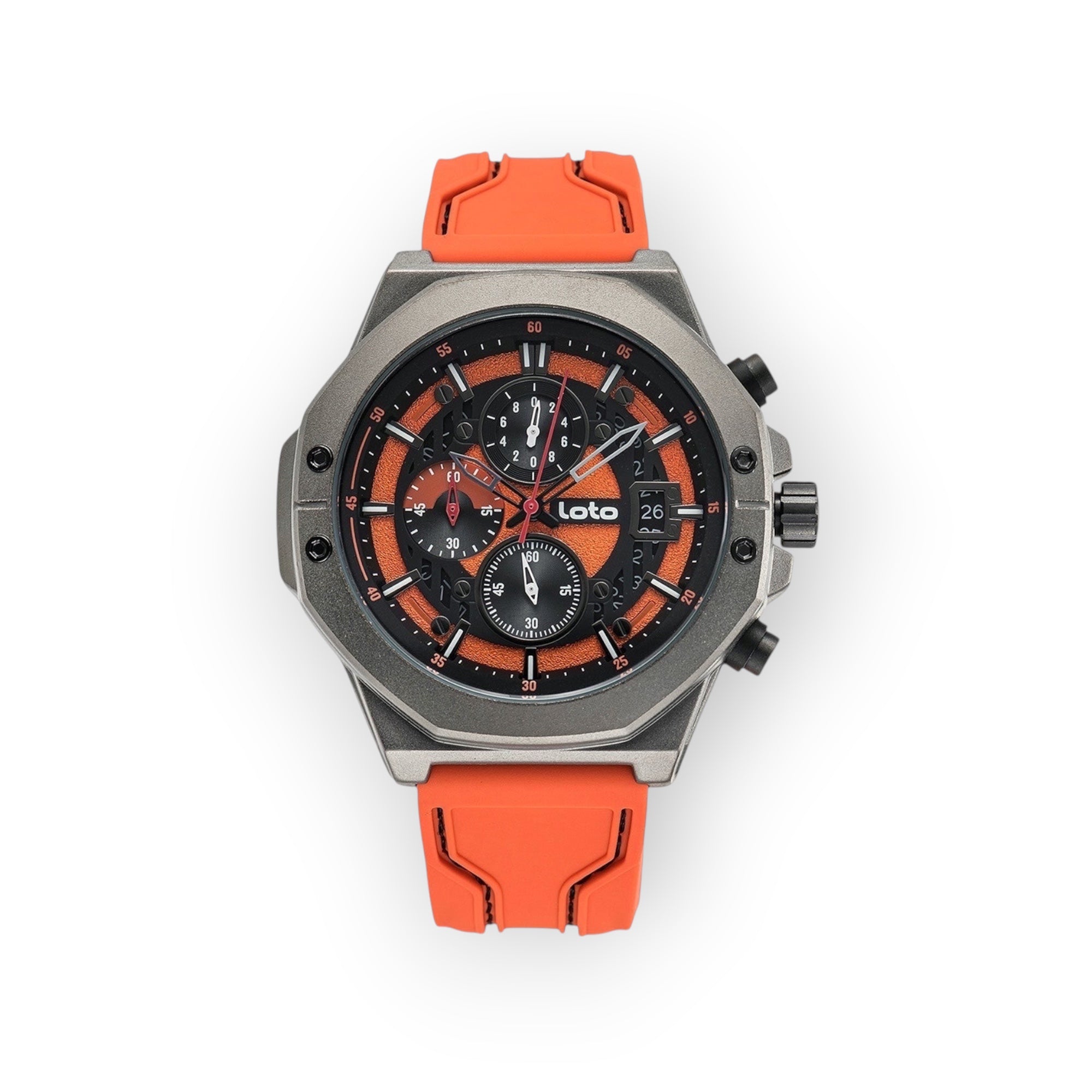Reloj LOTO COMPANY ROYAL / 2425 con caja de acero gris, esfera negra y naranja, y correa de silicona naranja. Cronógrafo.