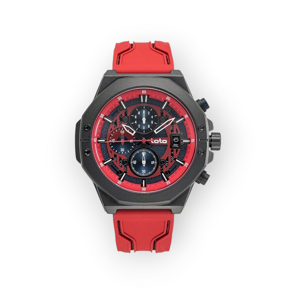 Reloj LOTO COMPANY ROYAL / 2425 con caja de acero inoxidable gris oscuro, esfera roja y negra con cronógrafo y correa de silicona naranja.