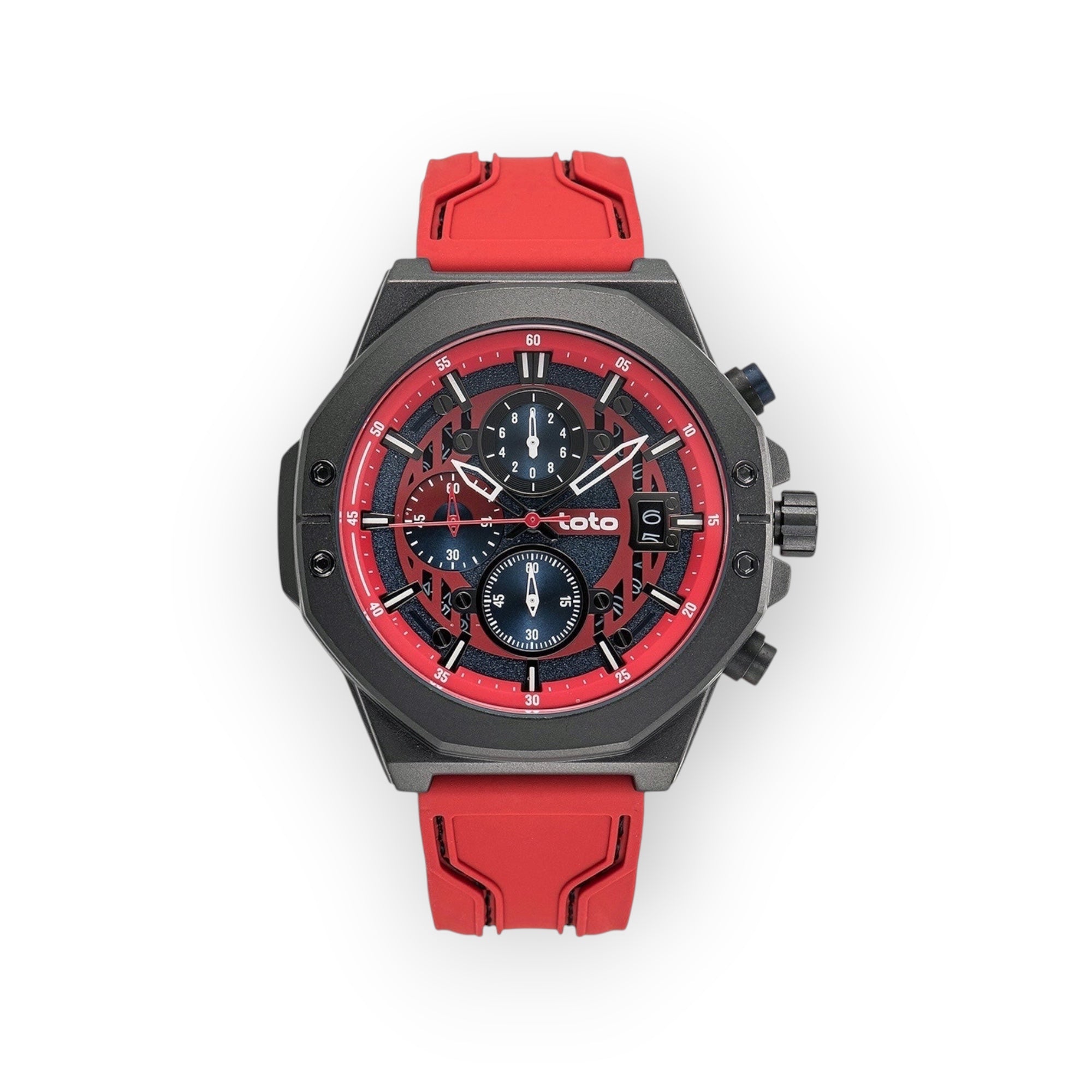 Reloj LOTO COMPANY ROYAL / 2425 con caja de acero inoxidable gris oscuro, esfera roja y negra con cronógrafo y correa de silicona naranja.