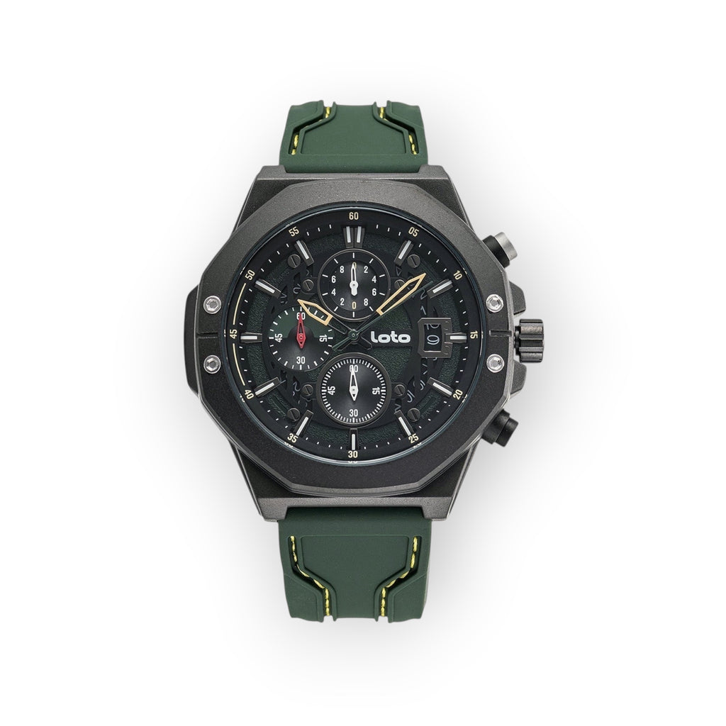 Reloj LOTO COMPANY ROYAL / 2425 con esfera verde, caja de acero inoxidable gris y correa de silicona verde. Cronógrafo con múltiples subesferas.