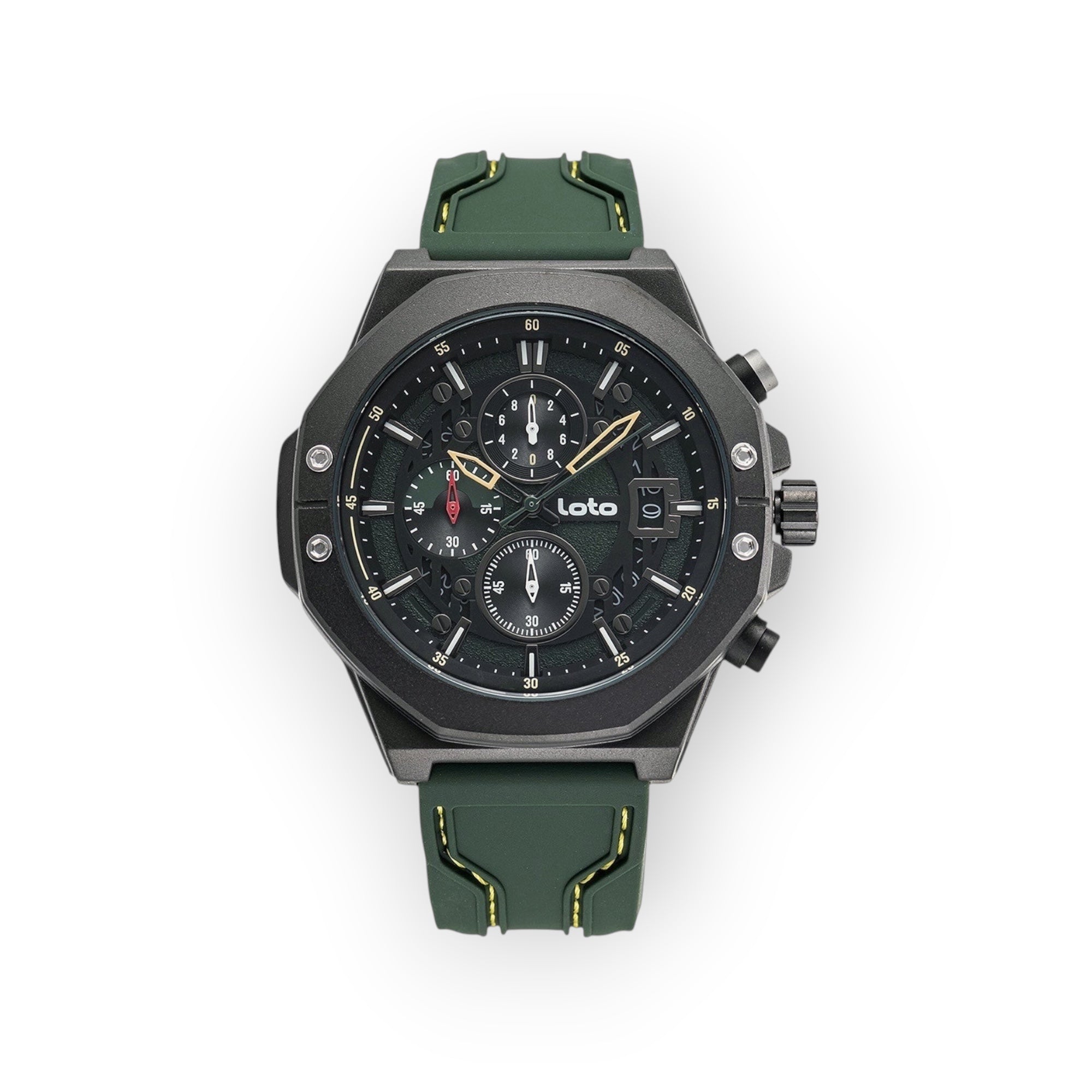 Reloj LOTO COMPANY ROYAL / 2425 con esfera verde, caja de acero inoxidable gris y correa de silicona verde. Cronógrafo con múltiples subesferas.