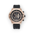 Reloj LOTO COMPANY ROYAL / 2425 con caja de acero inoxidable color oro rosa, esfera negra multifunción y correa de silicona negra.