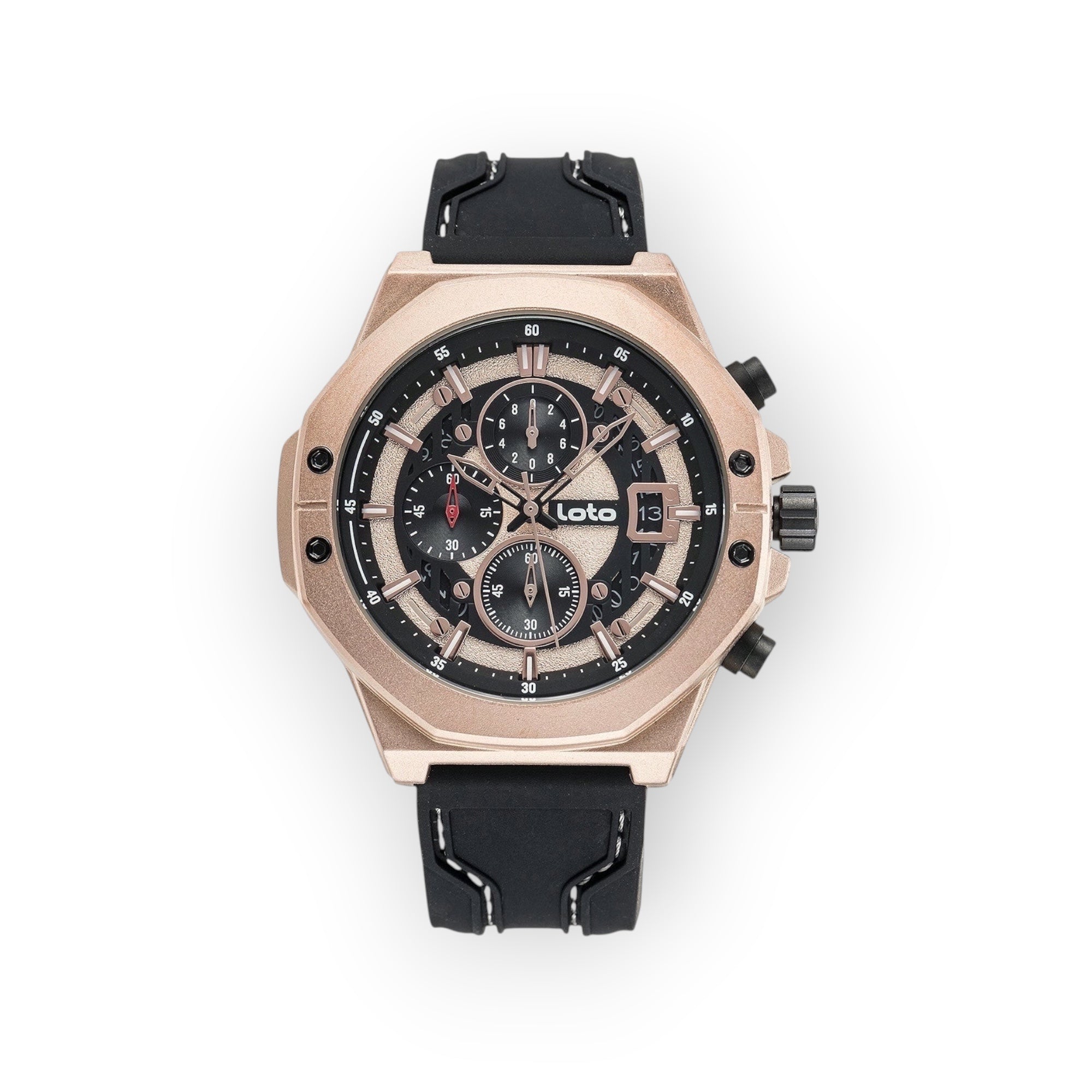 Reloj LOTO COMPANY ROYAL / 2425 con caja de acero inoxidable color oro rosa, esfera negra multifunción y correa de silicona negra.
