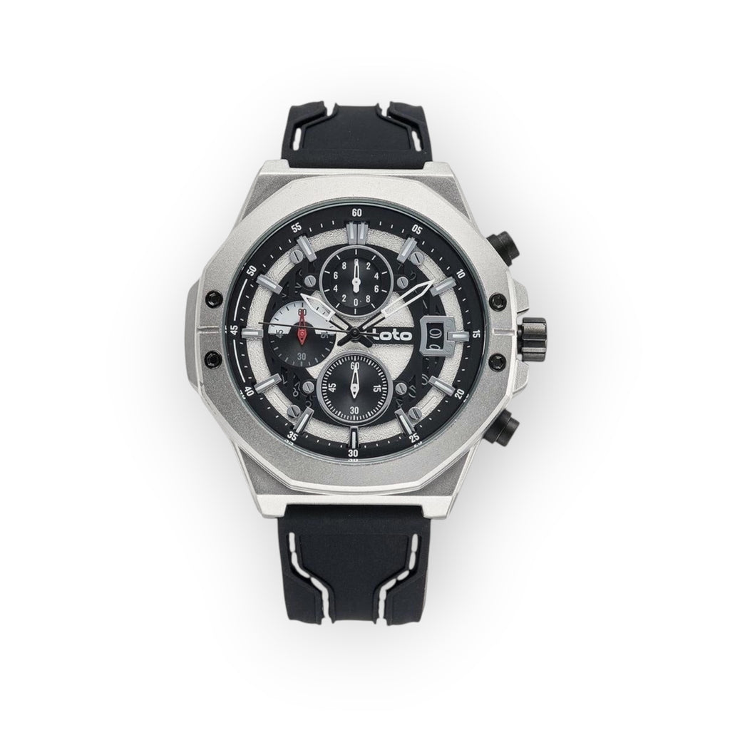 Reloj LOTO COMPANY ROYAL / 2425 plateado con esfera negra, cronógrafo y correa de silicona negra.
