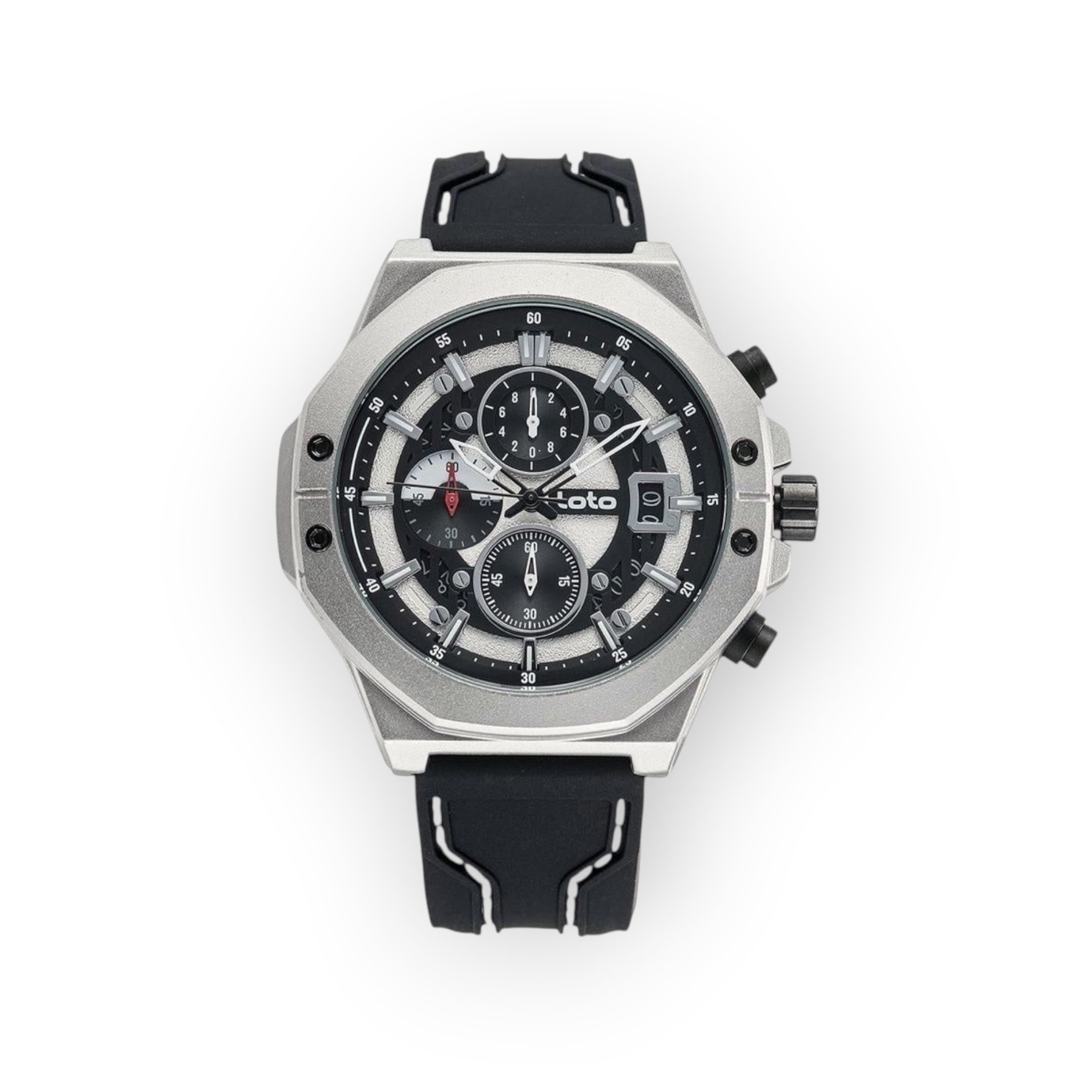 Reloj LOTO COMPANY ROYAL / 2425 plateado con esfera negra, cronógrafo y correa de silicona negra.