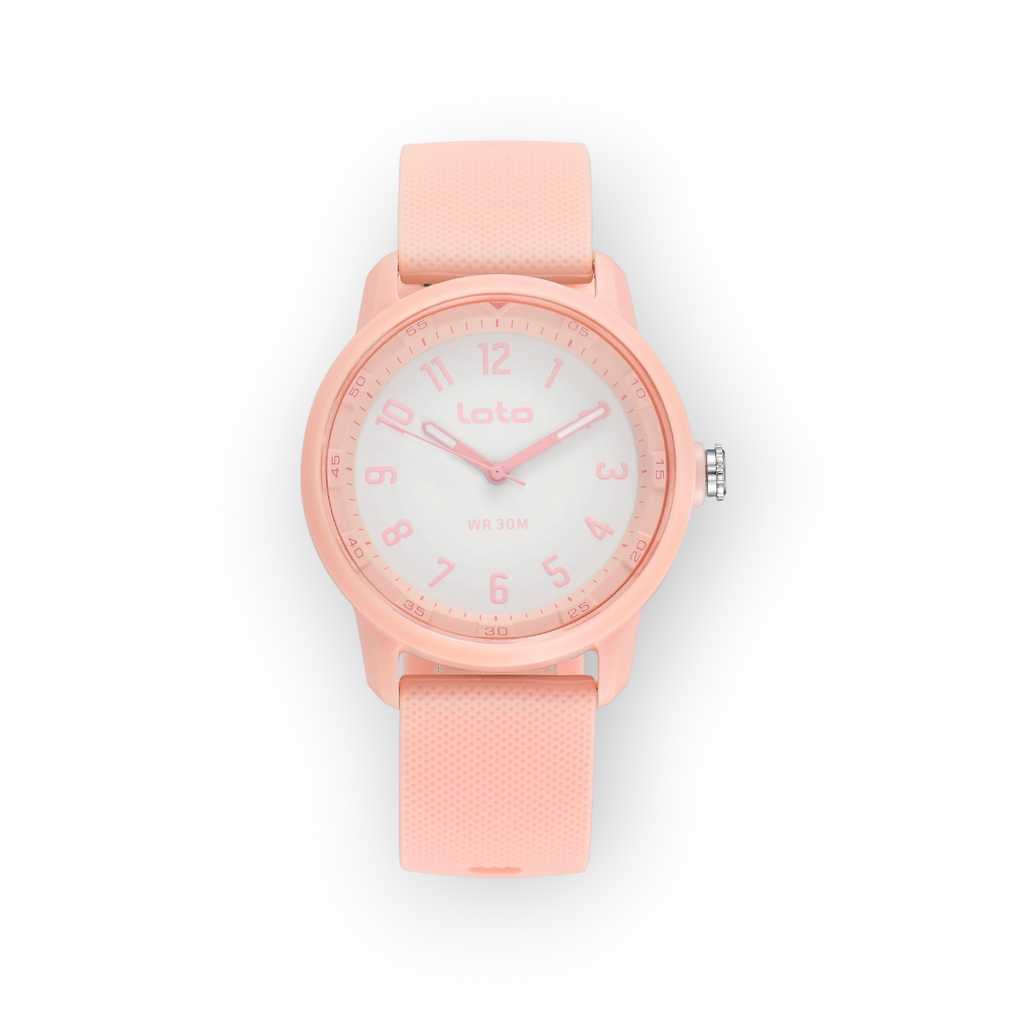 Reloj analógico LOTO COMPANY Zorvant 2598 con correa de silicona rosa y esfera blanca con números claros