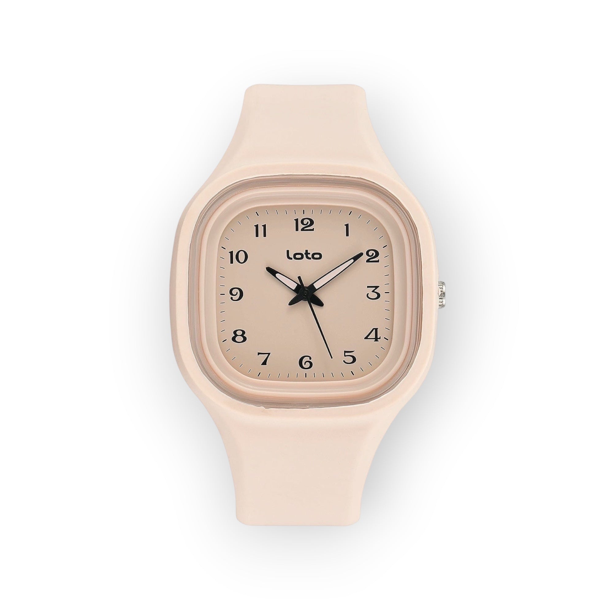 Reloj LOTO COMPANY serie SOFT en color beige con caja cuadrada, correa de silicona y esfera minimalista.
