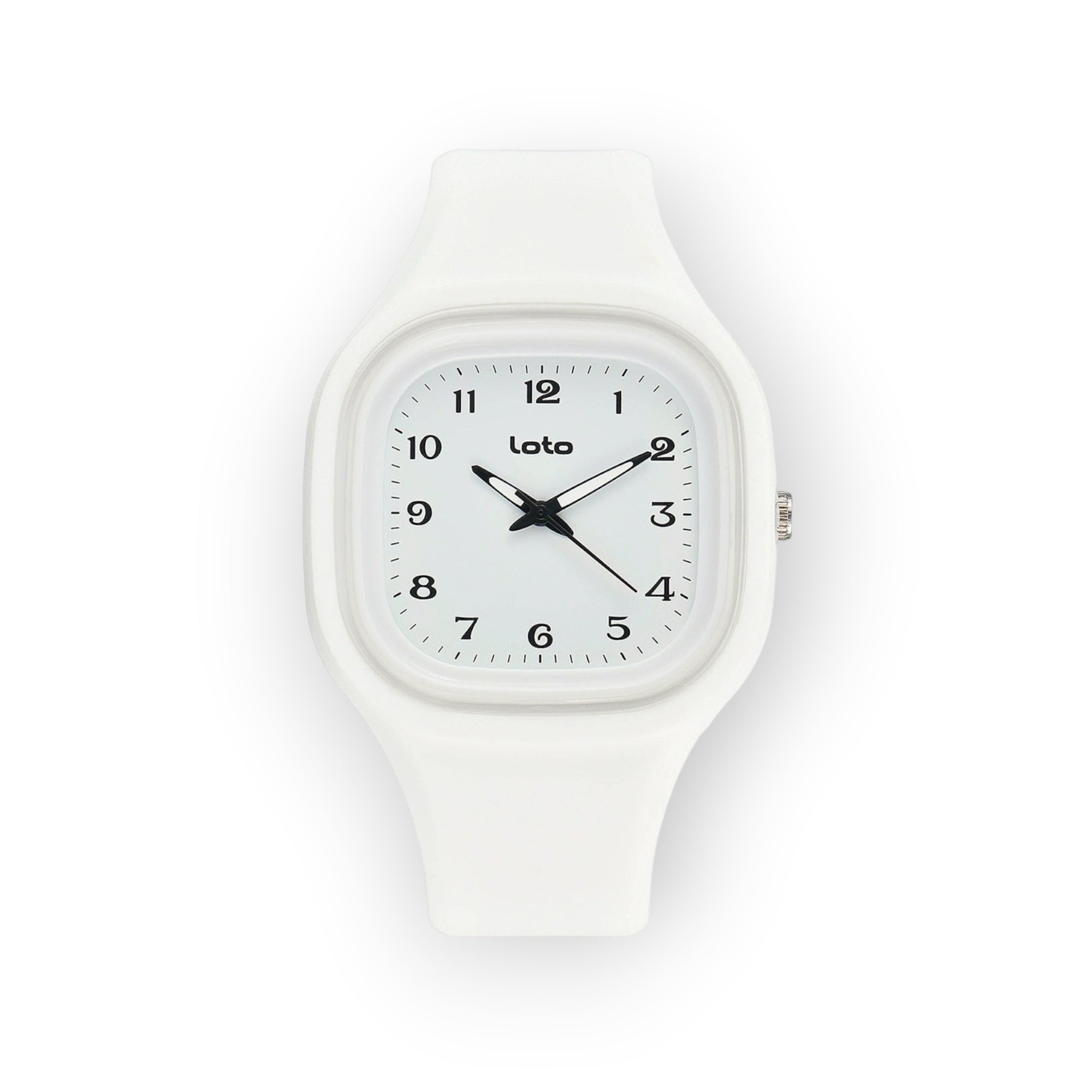 Reloj LOTO COMPANY serie SOFT blanco con caja cuadrada, correa de silicona y esfera minimalista de lectura clara.