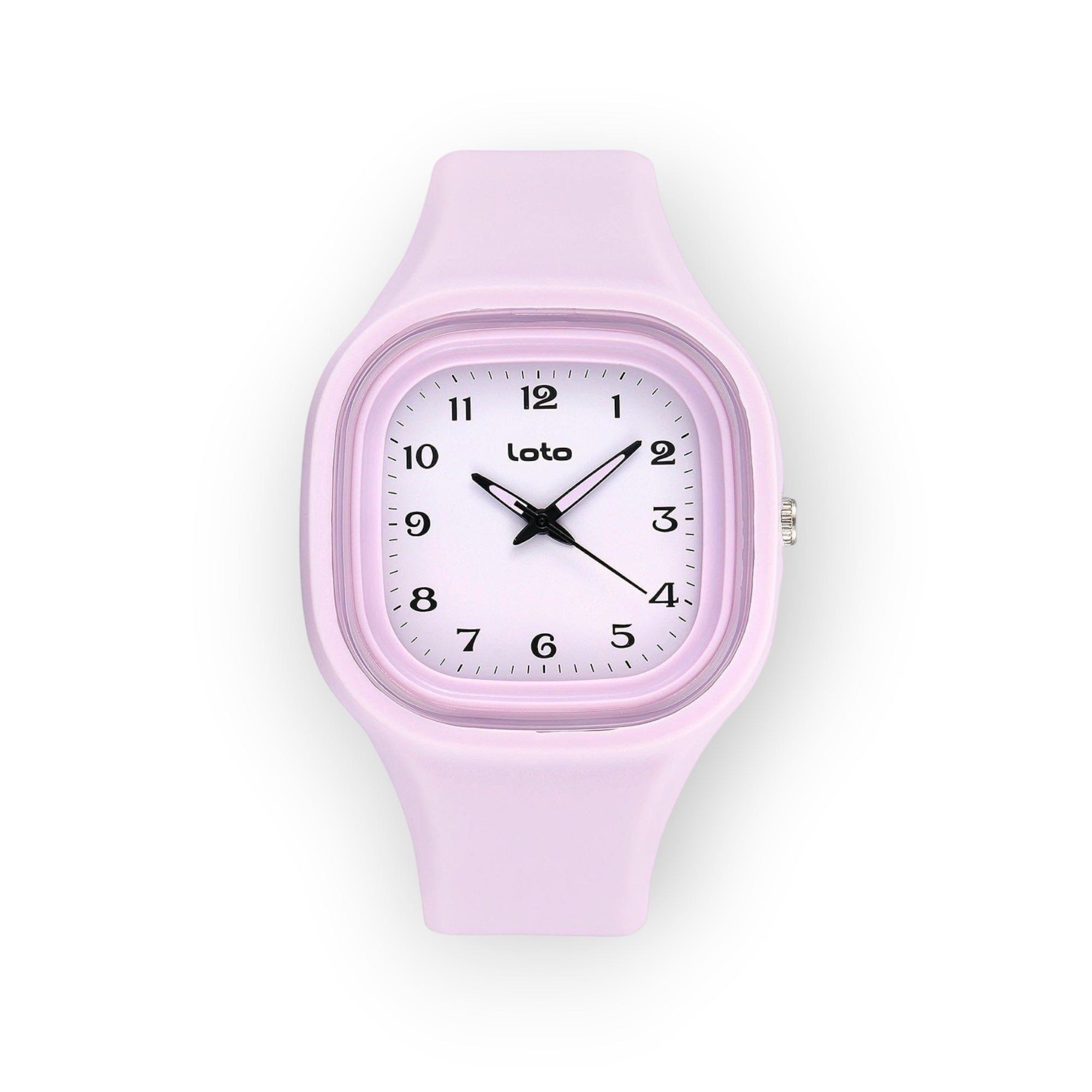 Reloj LOTO COMPANY serie SOFT color lila con caja cuadrada, correa de silicona y esfera minimalista de fácil lectura.