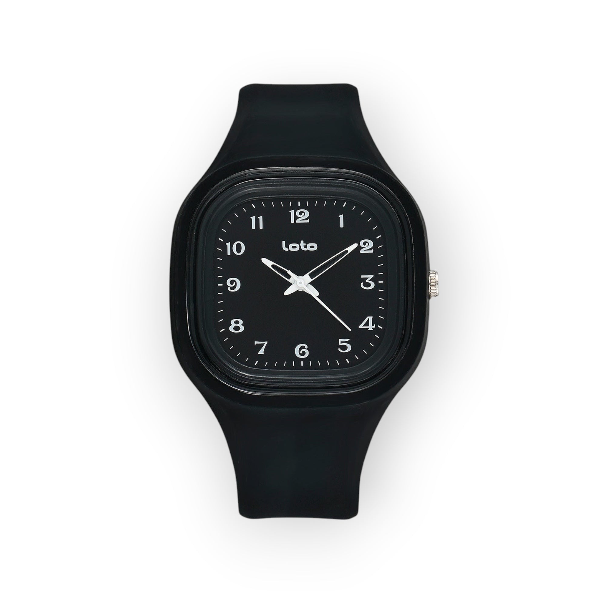 Reloj LOTO COMPANY serie SOFT negro con caja cuadrada, esfera minimalista y correa de silicona cómoda.