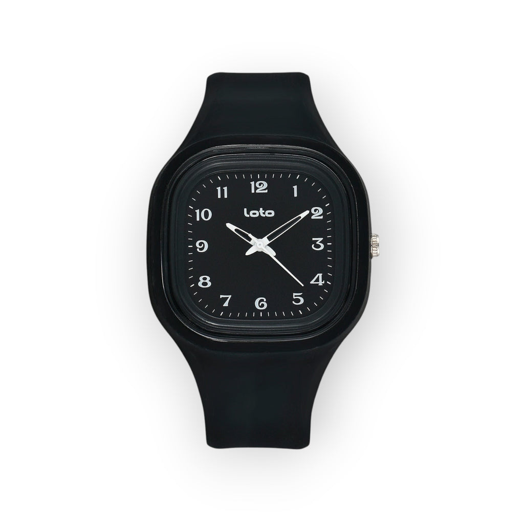Reloj LOTO COMPANY serie SOFT negro con caja cuadrada, esfera minimalista y correa de silicona cómoda.