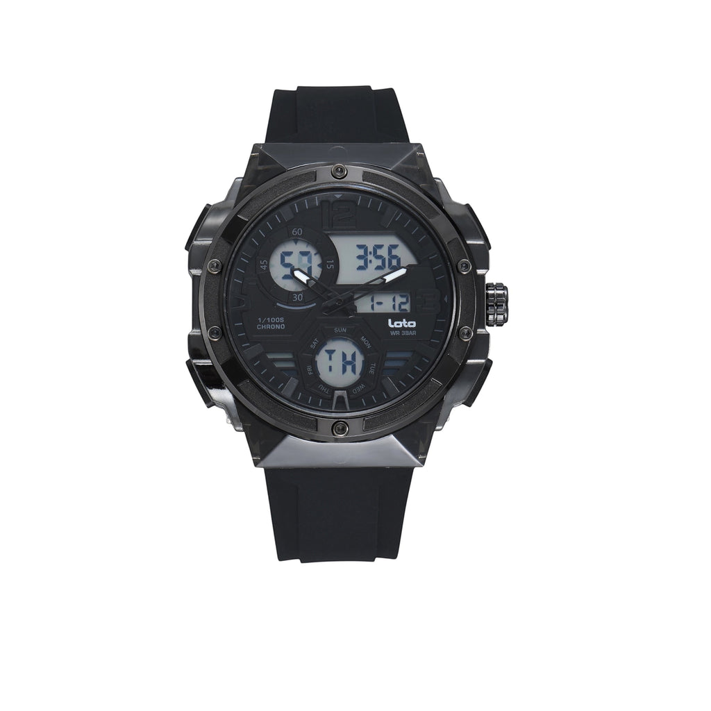 Reloj LOTO COMPANY SPARTAN 2576 analógico-digital negro con correa de silicona y diseño táctico robusto.