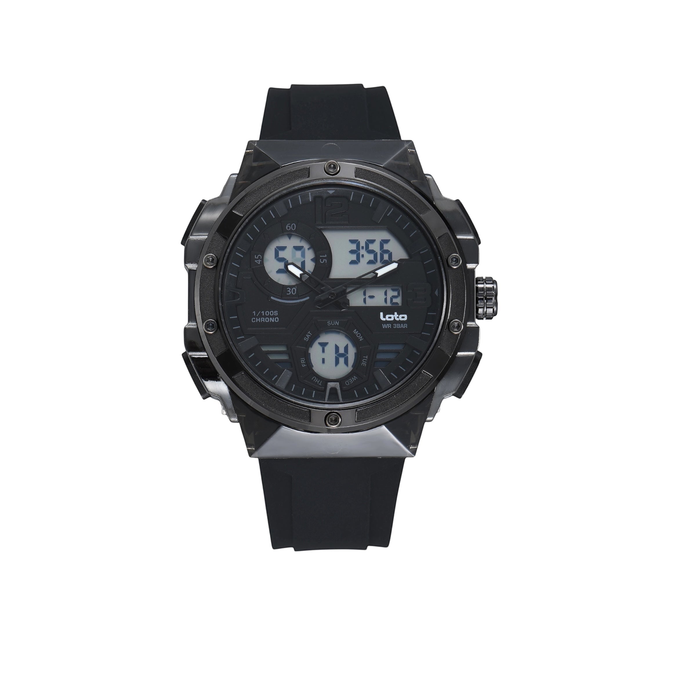 Reloj LOTO COMPANY SPARTAN 2576 analógico-digital negro con correa de silicona y diseño táctico robusto.