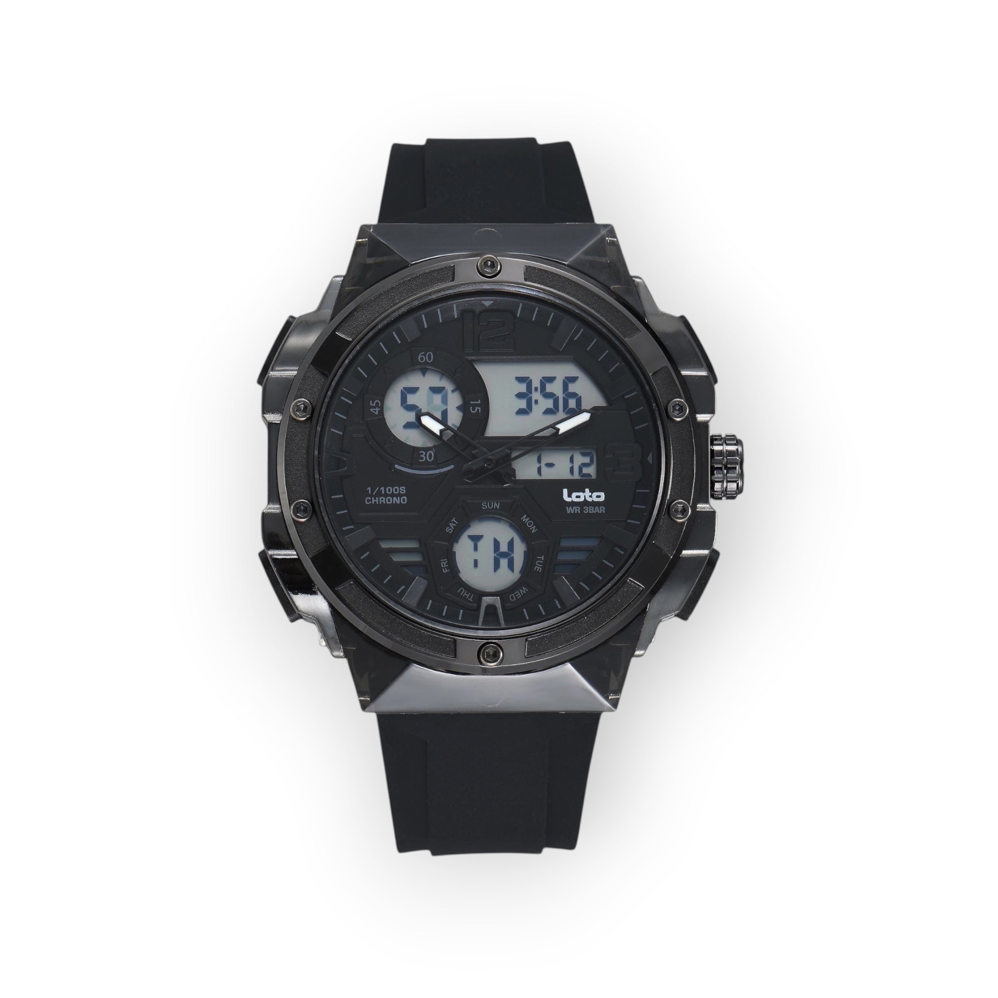 Reloj LOTO COMPANY SPARTAN 2576 analógico-digital negro con correa de silicona y diseño táctico robusto.