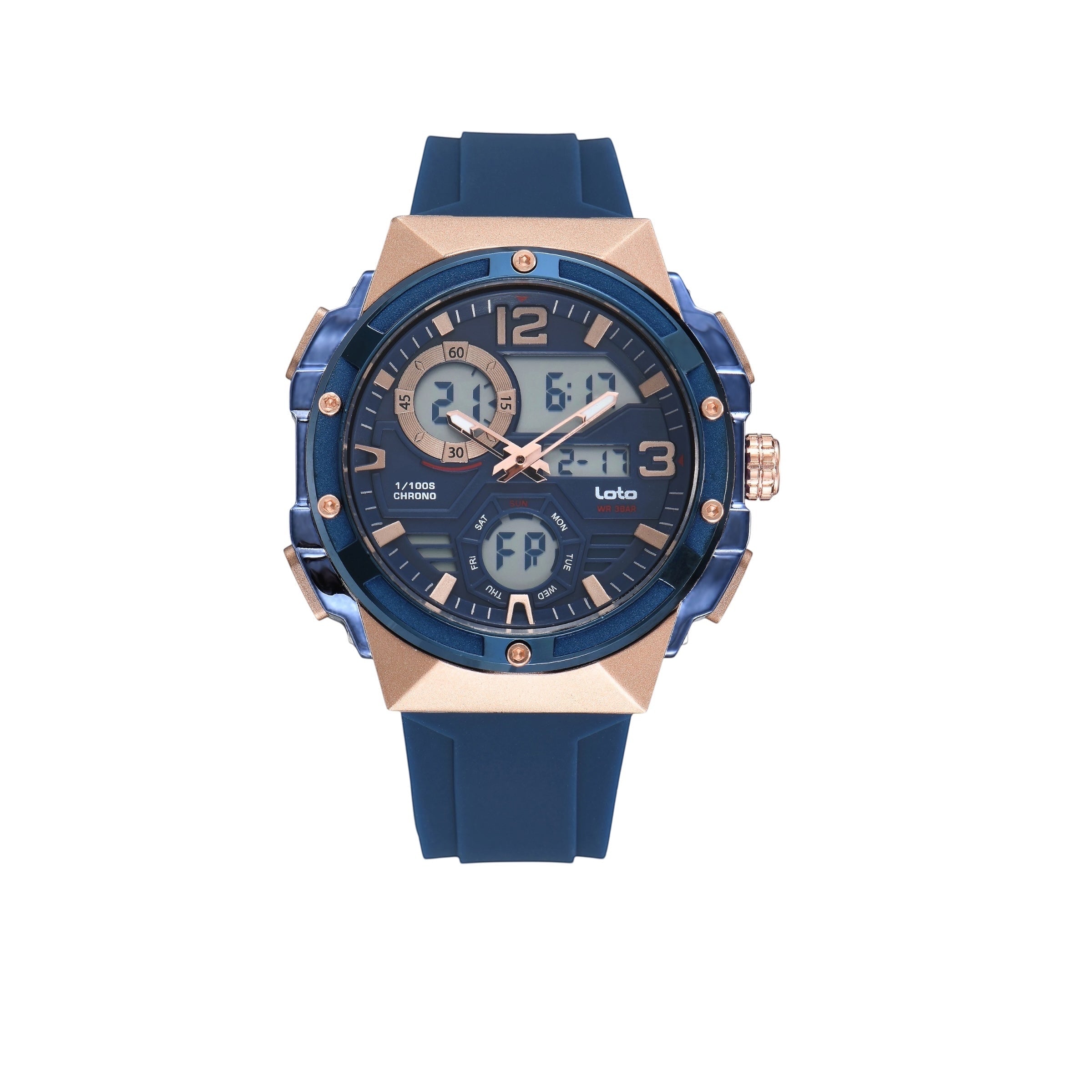 Reloj LOTO COMPANY SPARTAN 2576 híbrido azul y oro rosa con correa de silicona, pantalla digital y analógica.