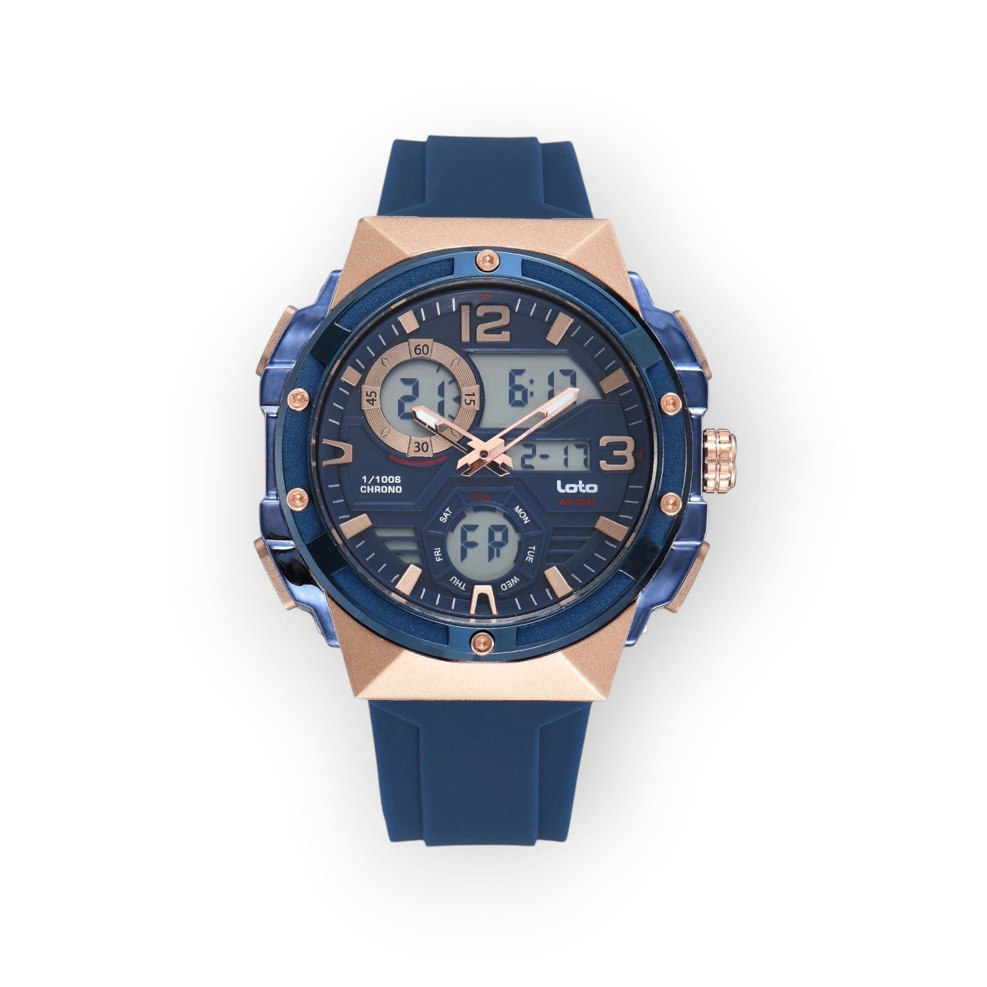Reloj LOTO COMPANY SPARTAN 2576 híbrido azul y oro rosa con correa de silicona, pantalla digital y analógica.