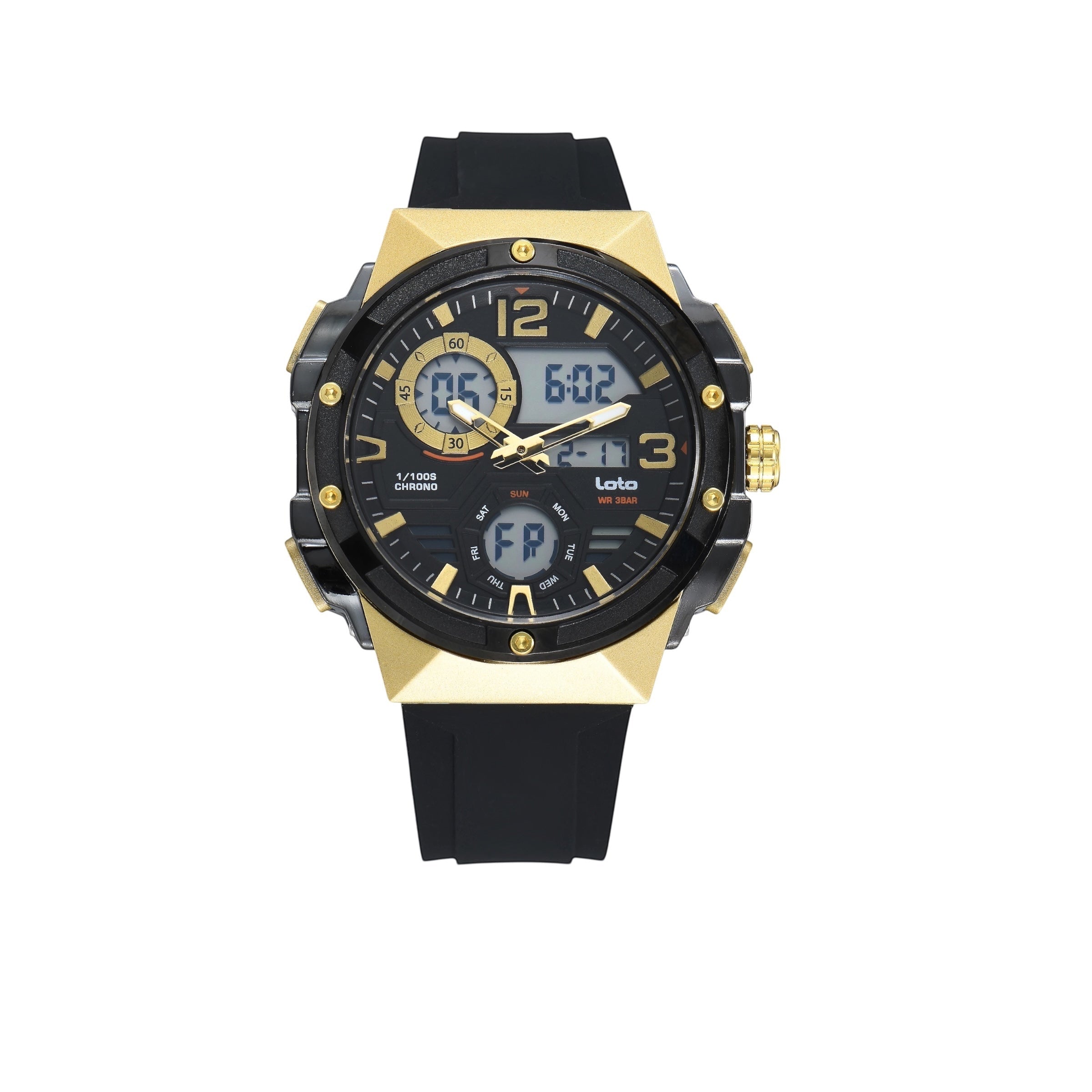 Reloj LOTO COMPANY SPARTAN 2576 híbrido analógico-digital con correa de silicona negra y caja dorada y negra.