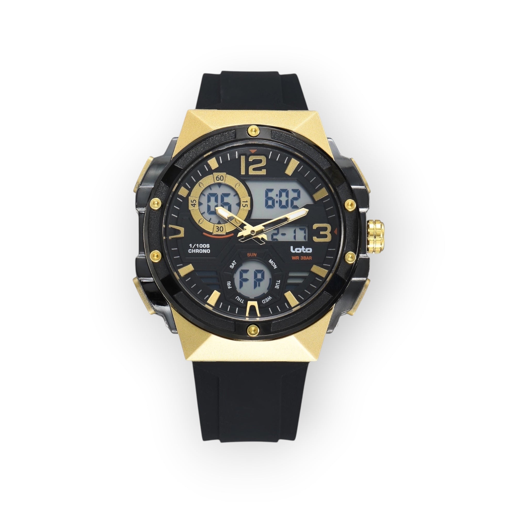 Reloj LOTO COMPANY SPARTAN 2576 híbrido analógico-digital con correa de silicona negra y caja dorada y negra.