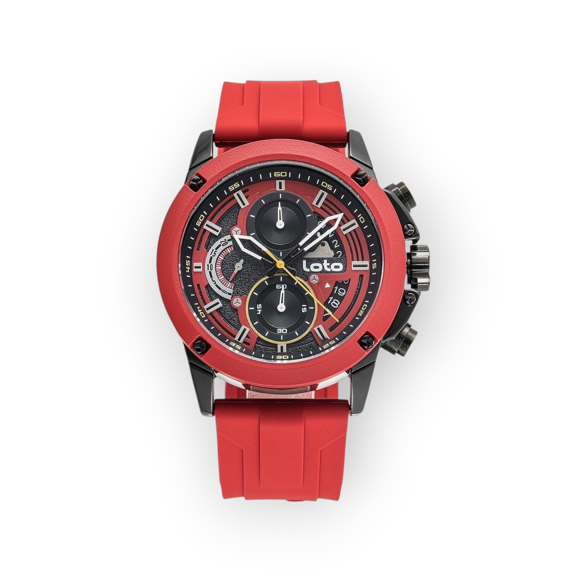 Reloj cronógrafo LOTO COMPANY Speed rojo con correa de plástico, subesferas decorativas y detalles deportivos.