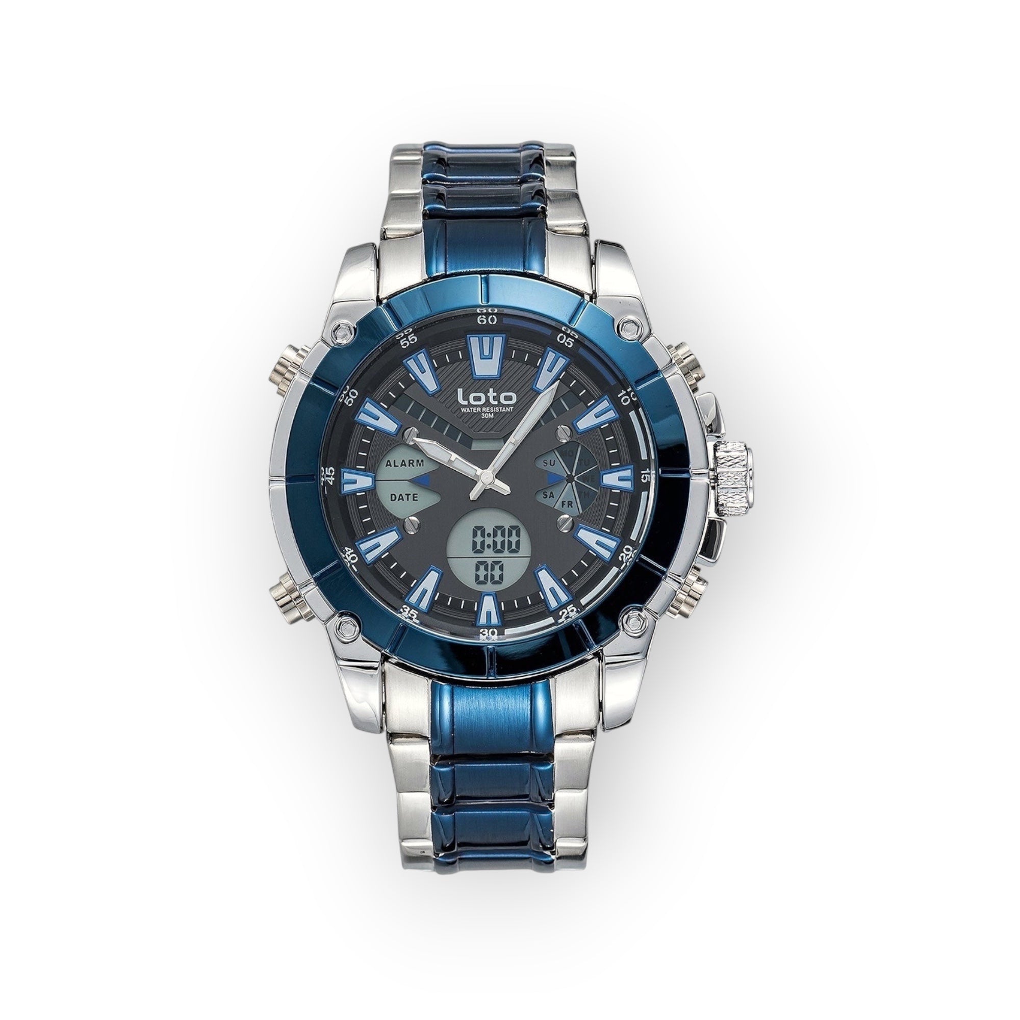 Reloj multifuncional LOTO COMPANY STEALTH 2376 de acero con pantalla dual analógica-digital en tonos azul y plata.