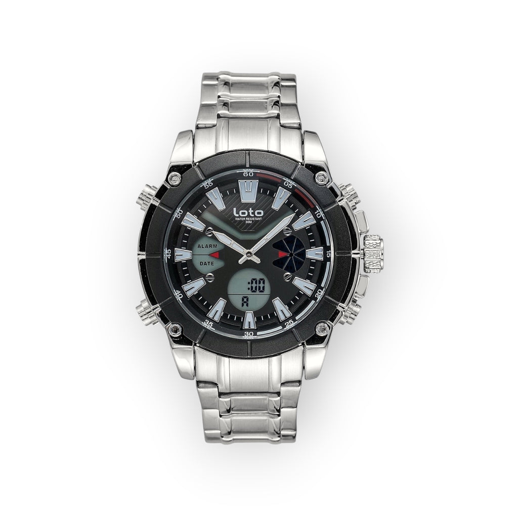 Reloj multifuncional LOTO COMPANY STEALTH de acero inoxidable con pantalla dual analógica-digital y esfera negra.