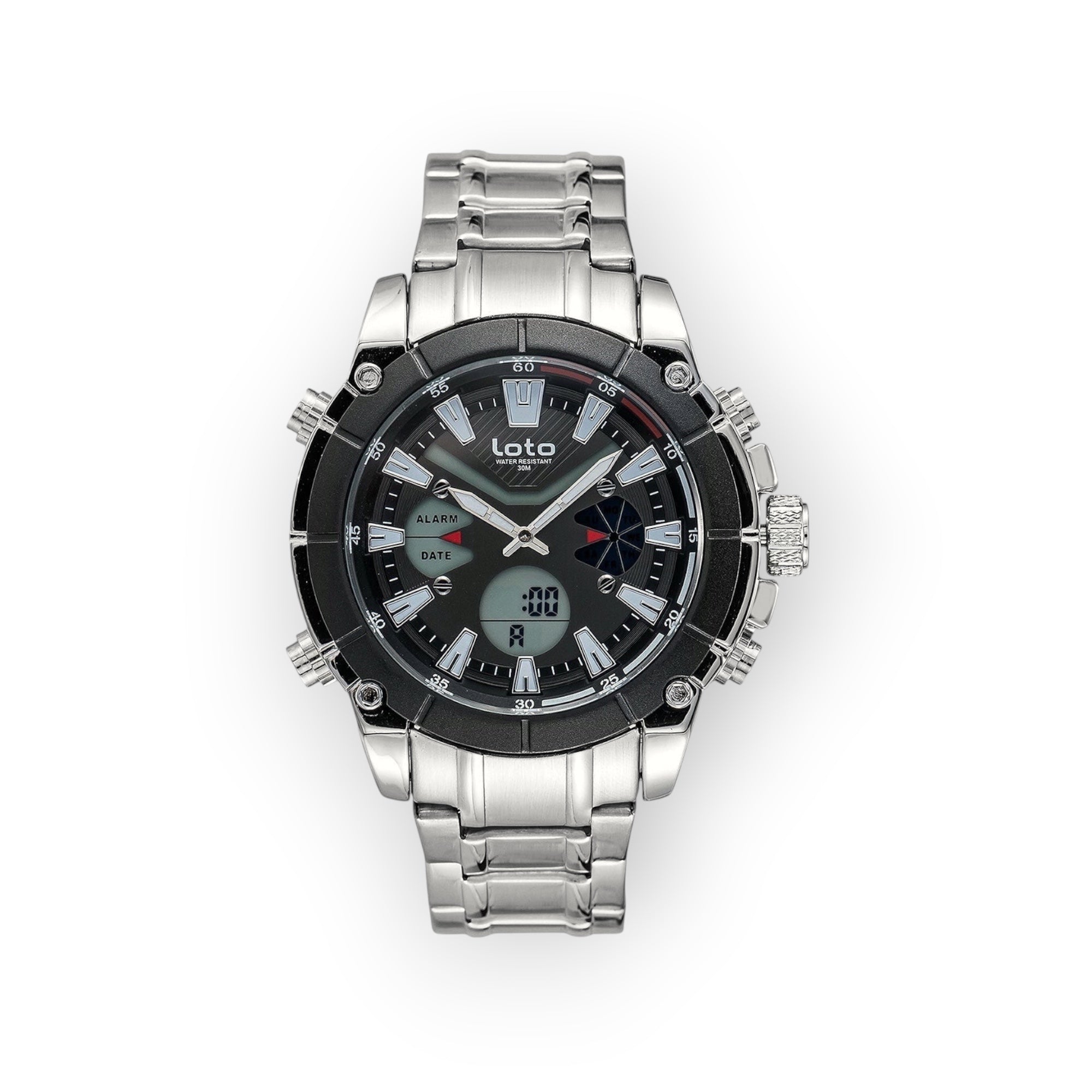 Reloj multifuncional LOTO COMPANY STEALTH de acero inoxidable con pantalla dual analógica-digital y esfera negra.